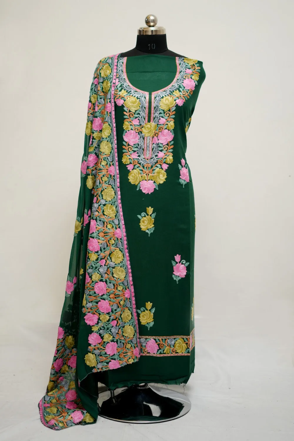 Green Aari Work Salwar Kameez With Neckline Rose Pattern And Designer Dupatta.