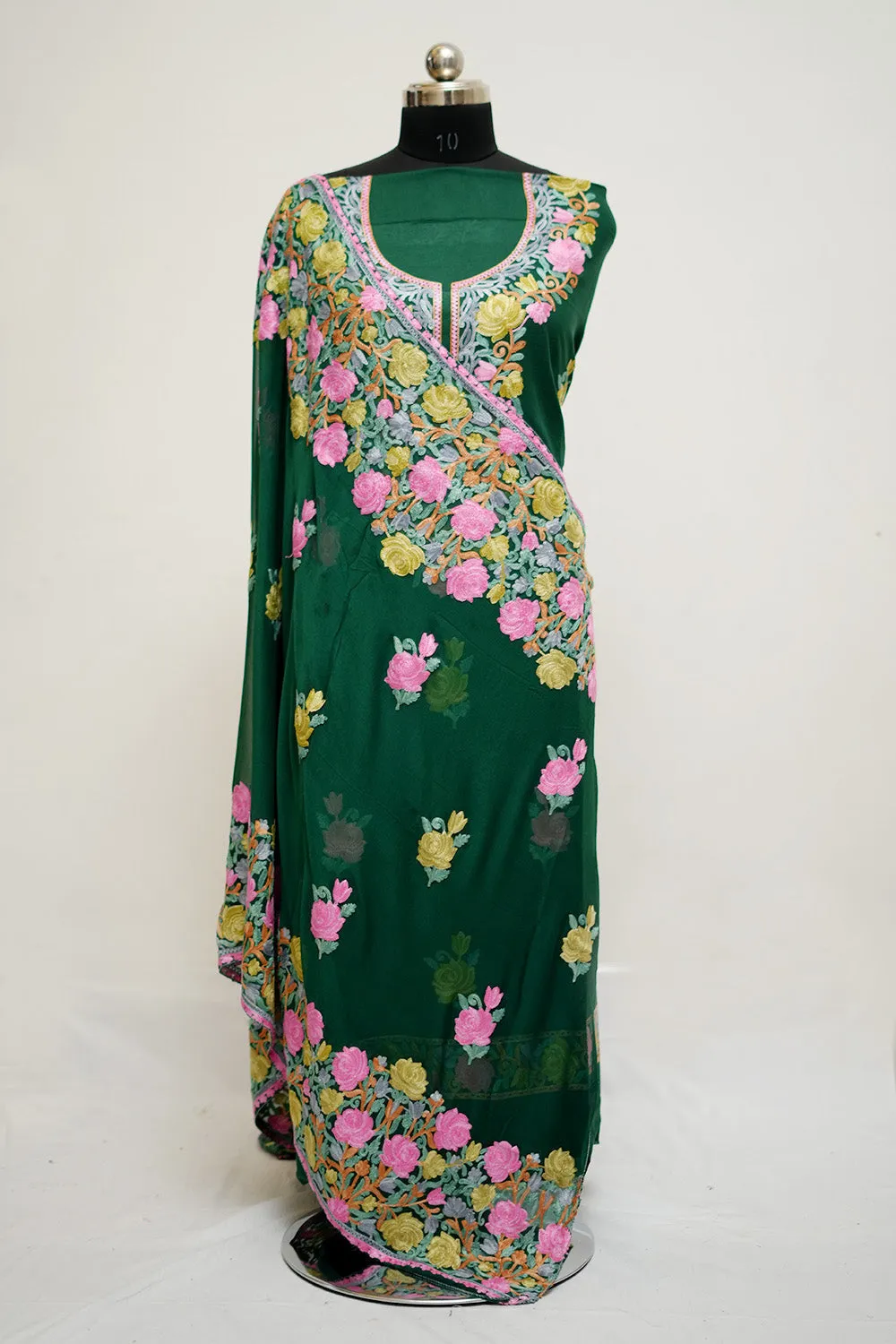 Green Aari Work Salwar Kameez With Neckline Rose Pattern And Designer Dupatta.