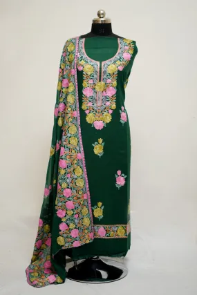 Green Aari Work Salwar Kameez With Neckline Rose Pattern And Designer Dupatta.