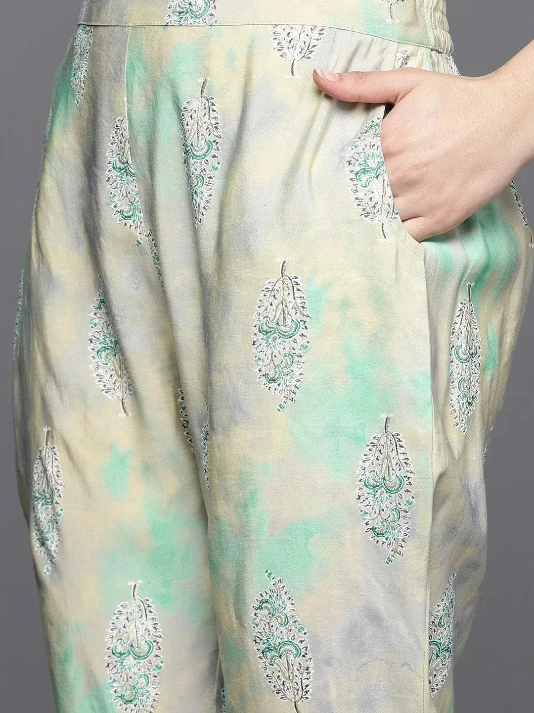 Green Yoke Design Silk Blend Straight Kurta With Trousers & Dupatta