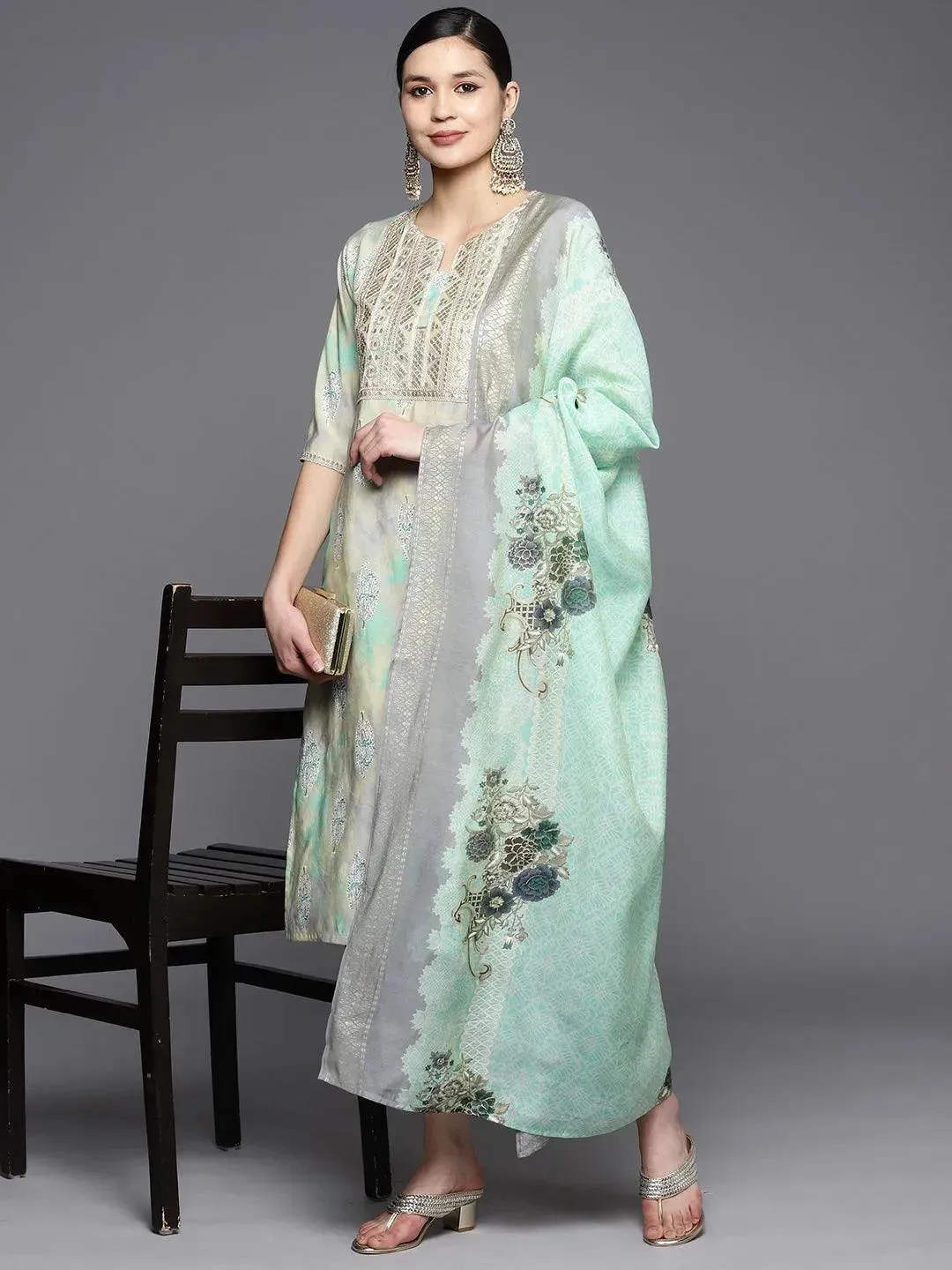 Green Yoke Design Silk Blend Straight Kurta With Trousers & Dupatta