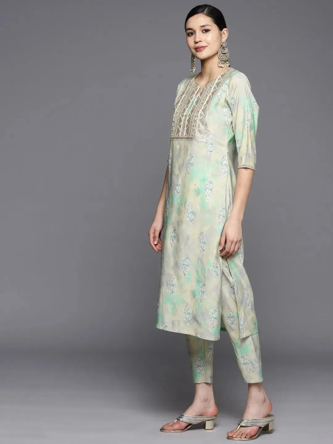 Green Yoke Design Silk Blend Straight Kurta With Trousers & Dupatta