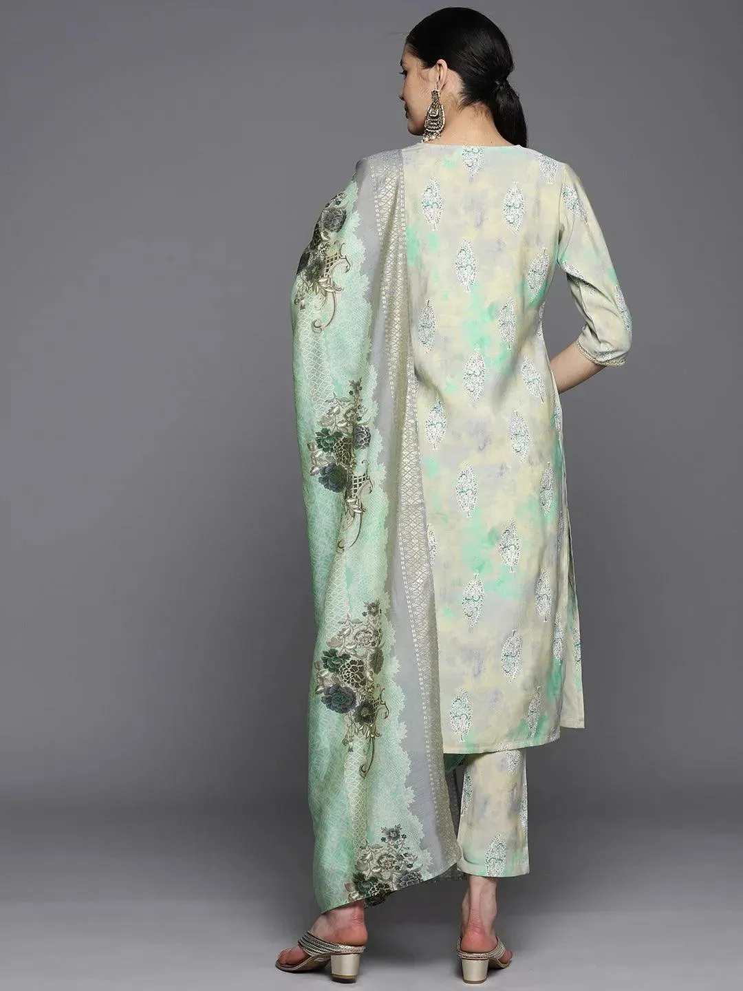 Green Yoke Design Silk Blend Straight Kurta With Trousers & Dupatta