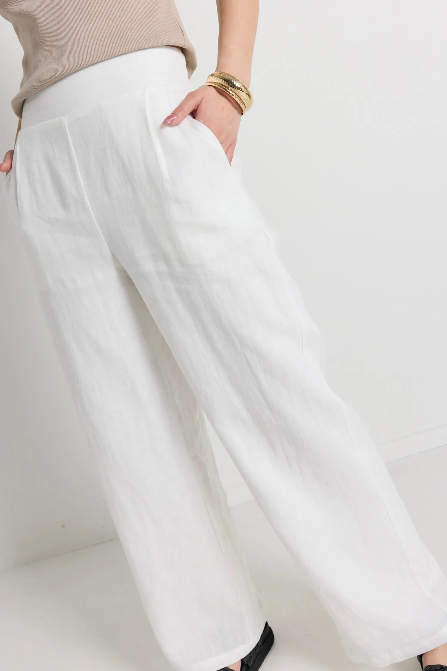 Guardian White Linen Viscose Pleat Front Wide Leg Pant