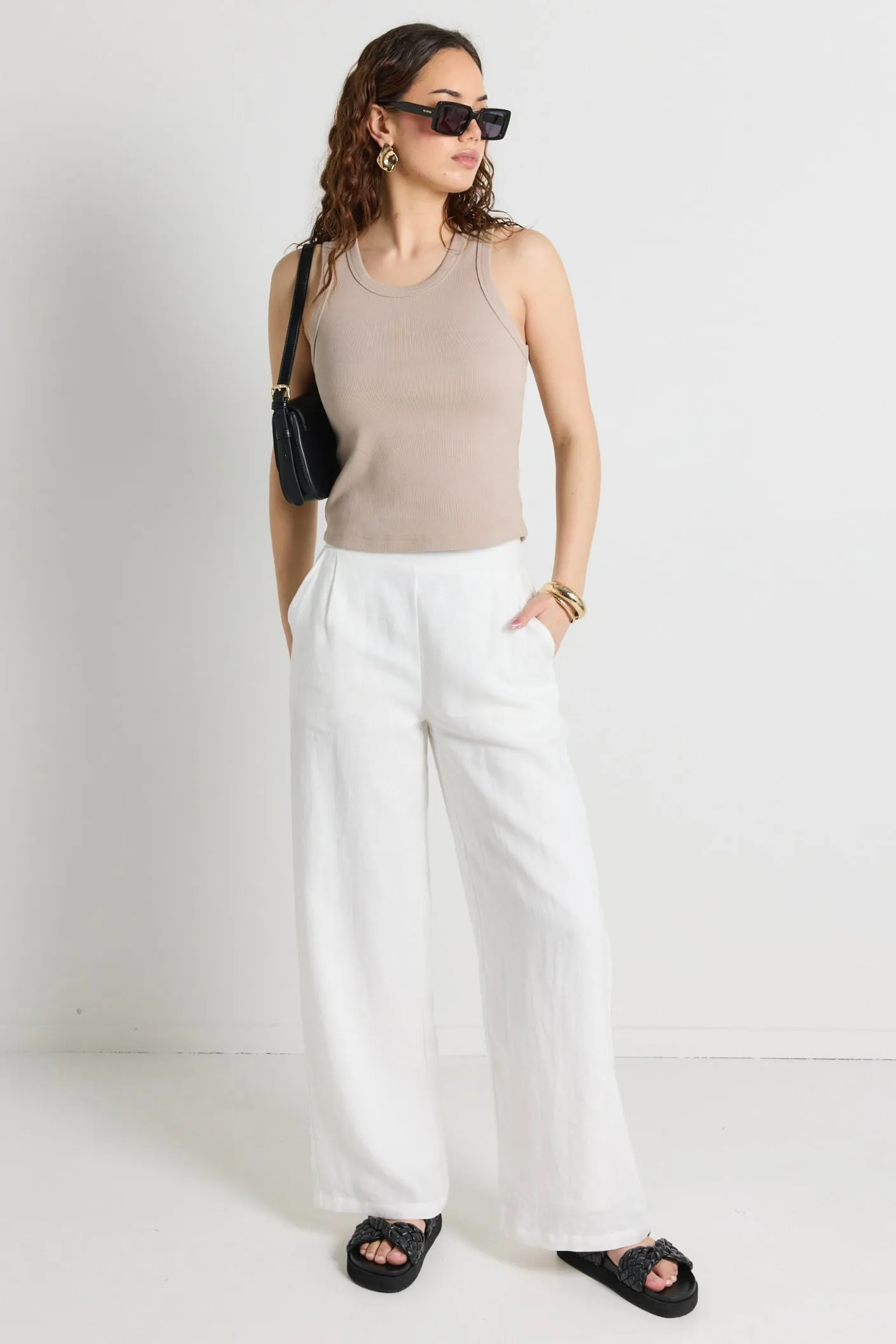 Guardian White Linen Viscose Pleat Front Wide Leg Pant