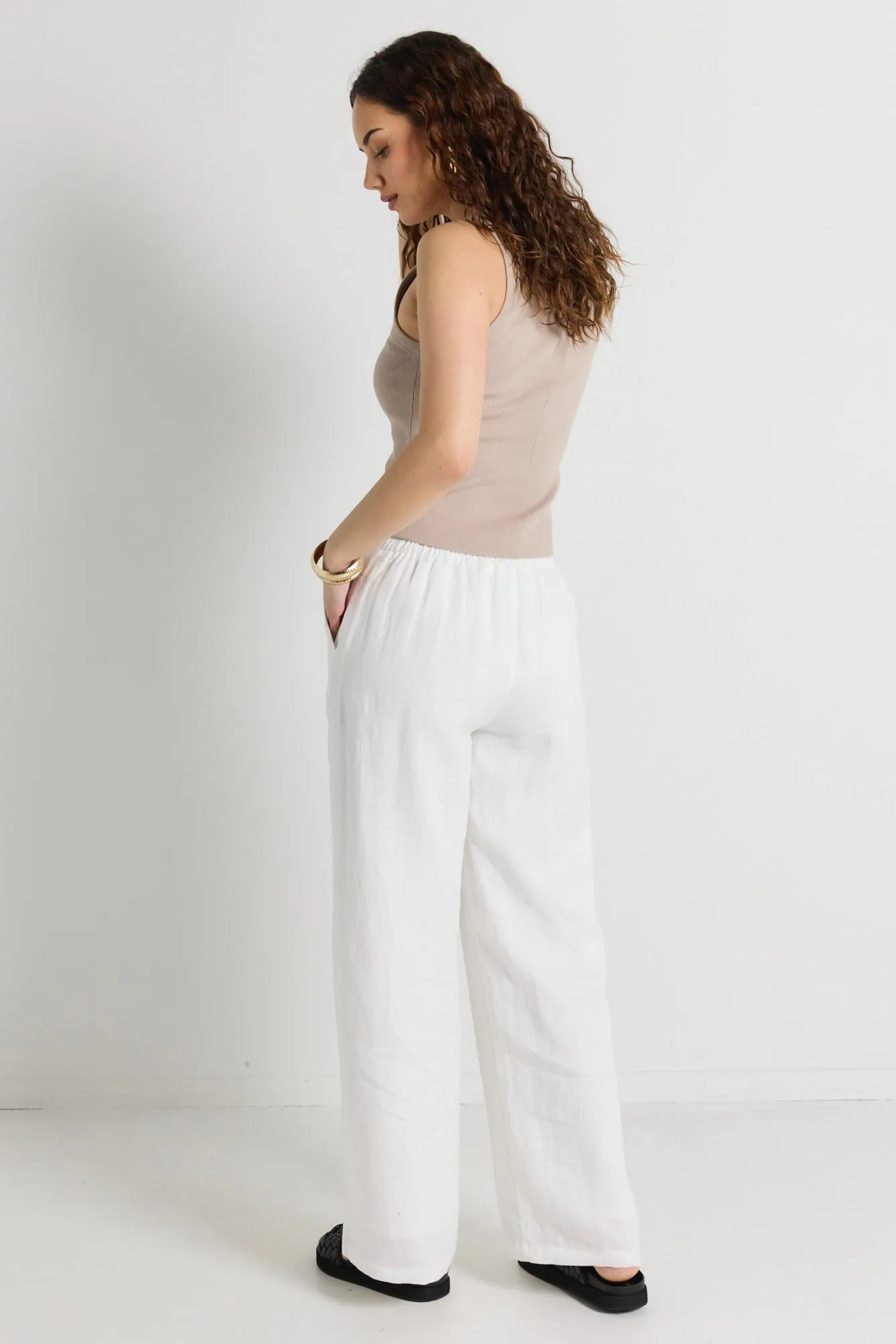 Guardian White Linen Viscose Pleat Front Wide Leg Pant