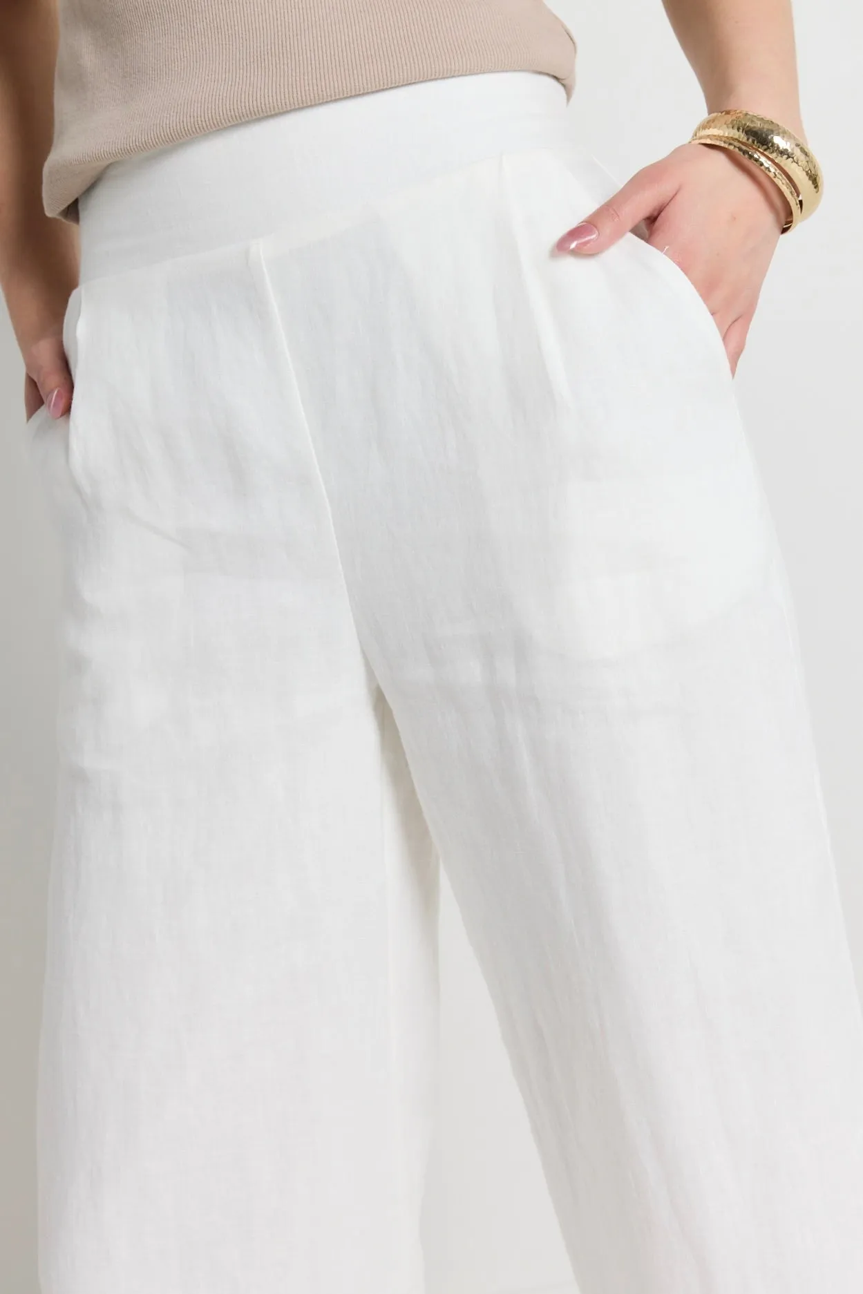 Guardian White Linen Viscose Pleat Front Wide Leg Pant