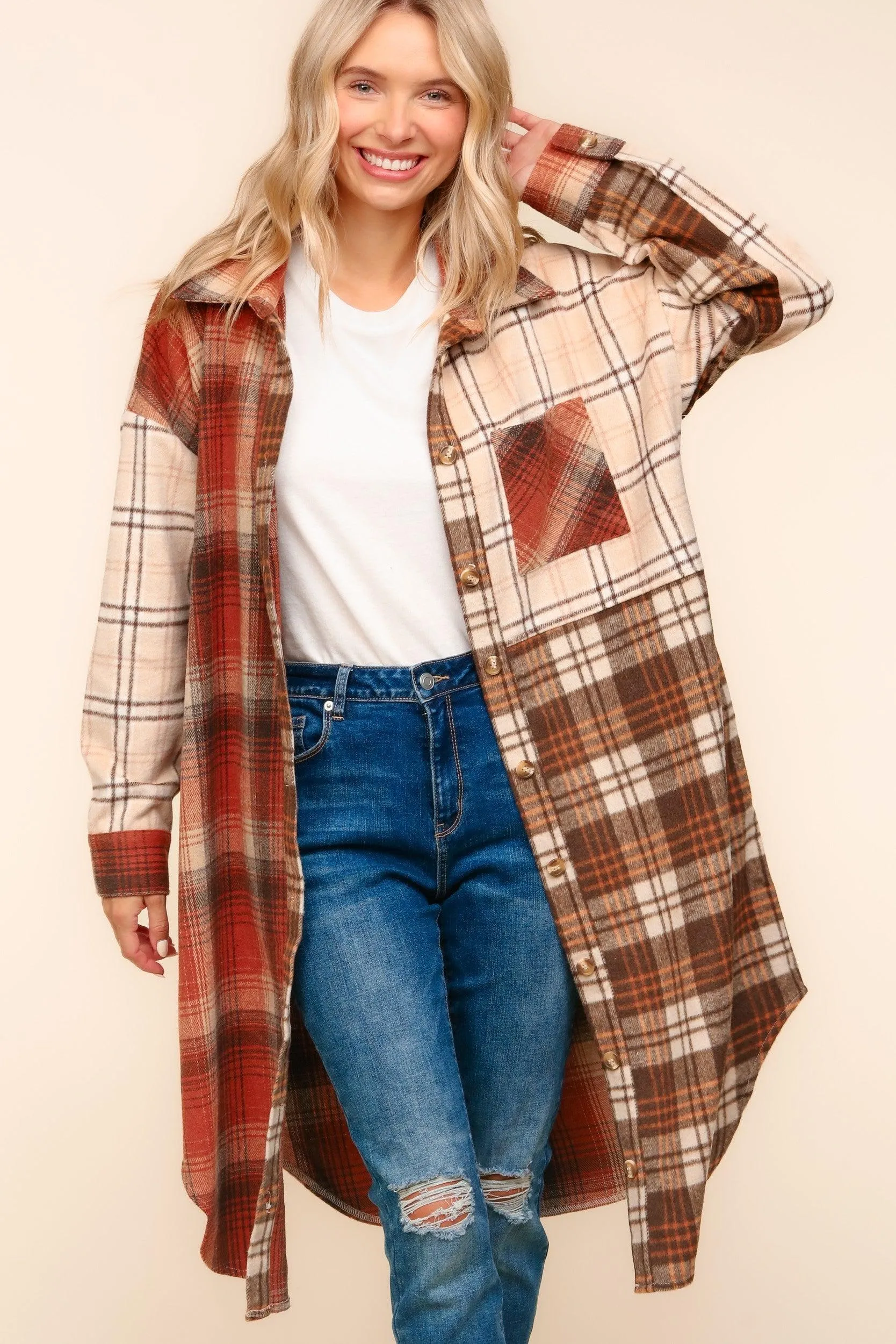 Haptics Flannel Plaid Oversized Shacket with Pockets