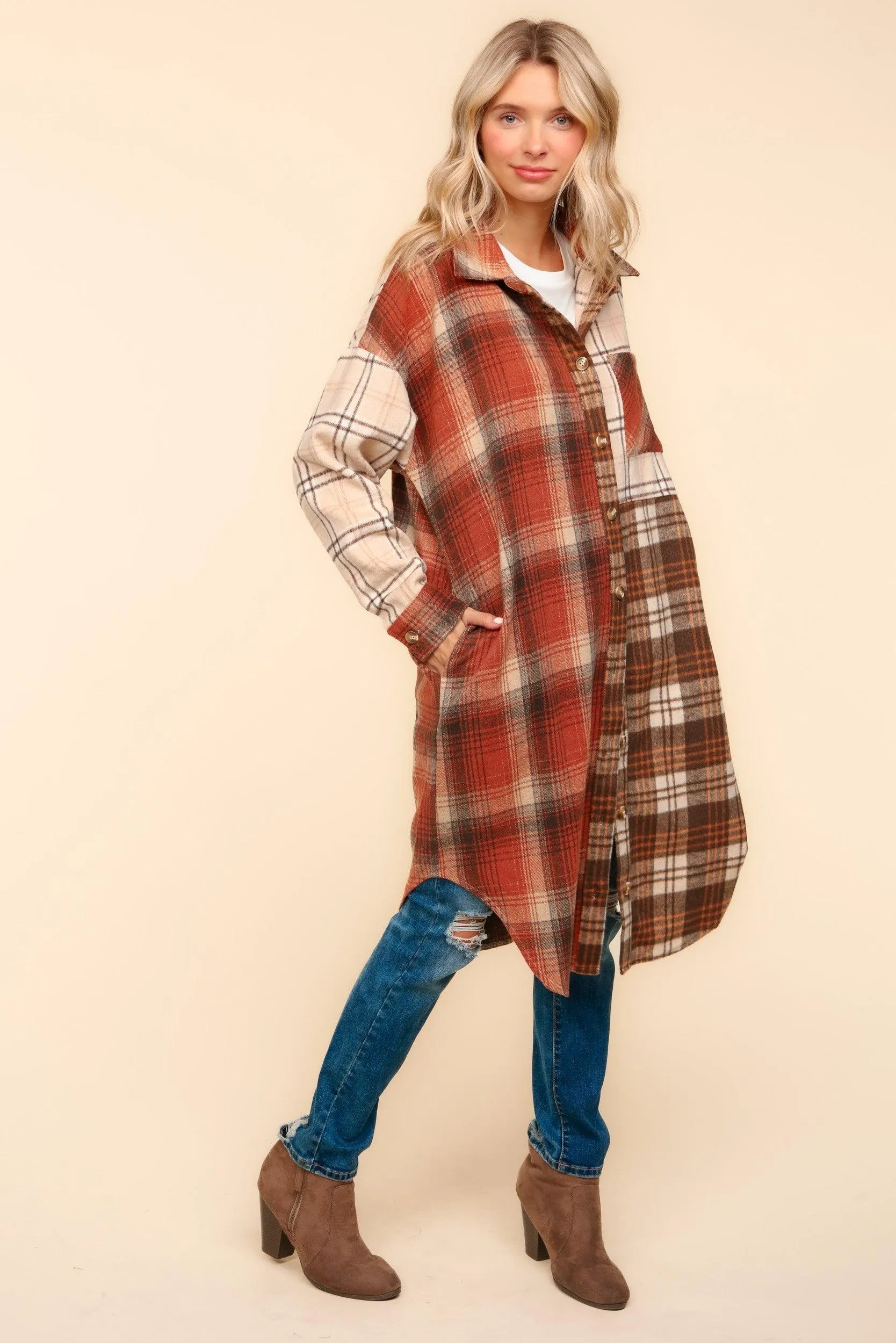 Haptics Flannel Plaid Oversized Shacket with Pockets