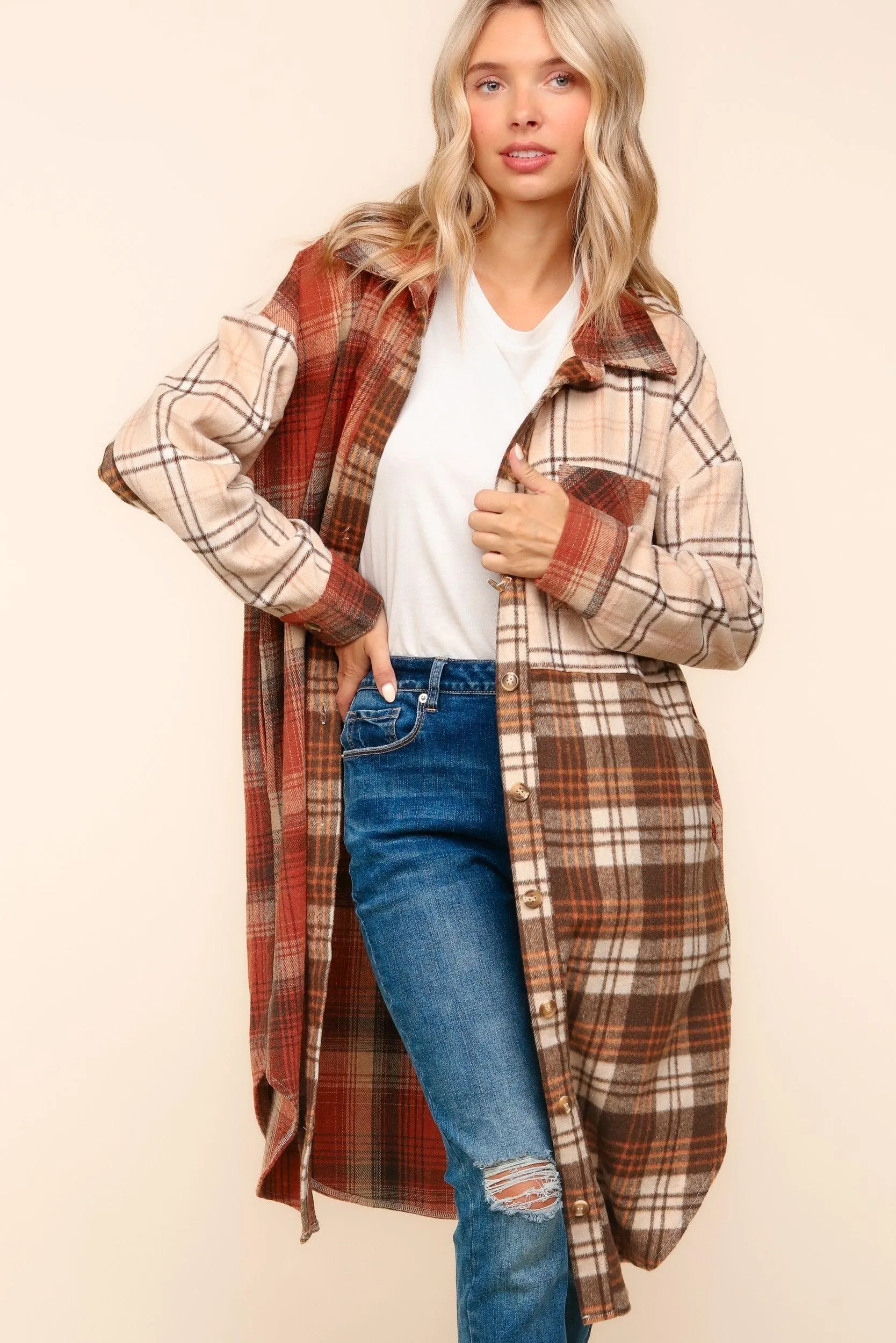 Haptics Flannel Plaid Oversized Shacket with Pockets