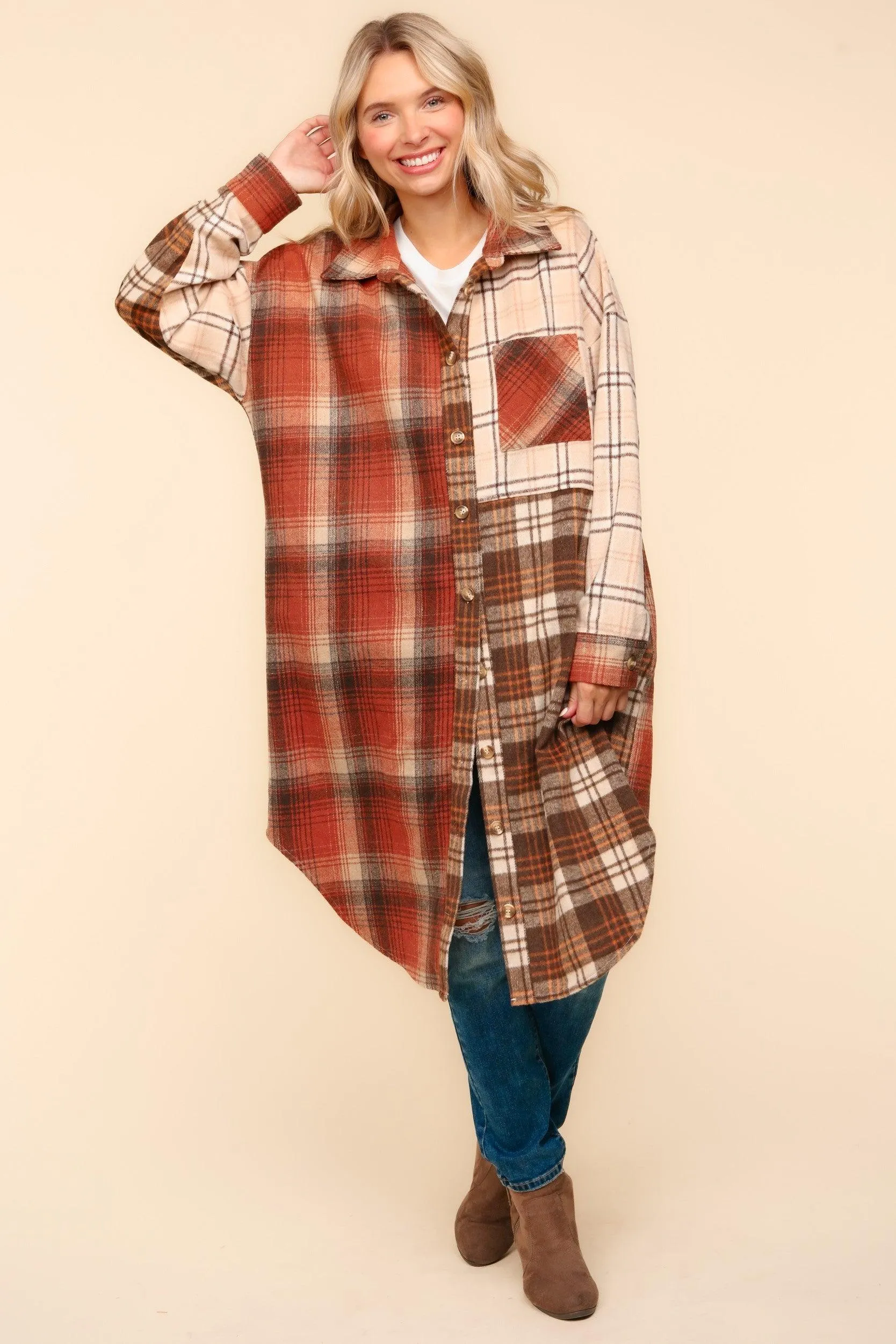Haptics Flannel Plaid Oversized Shacket with Pockets