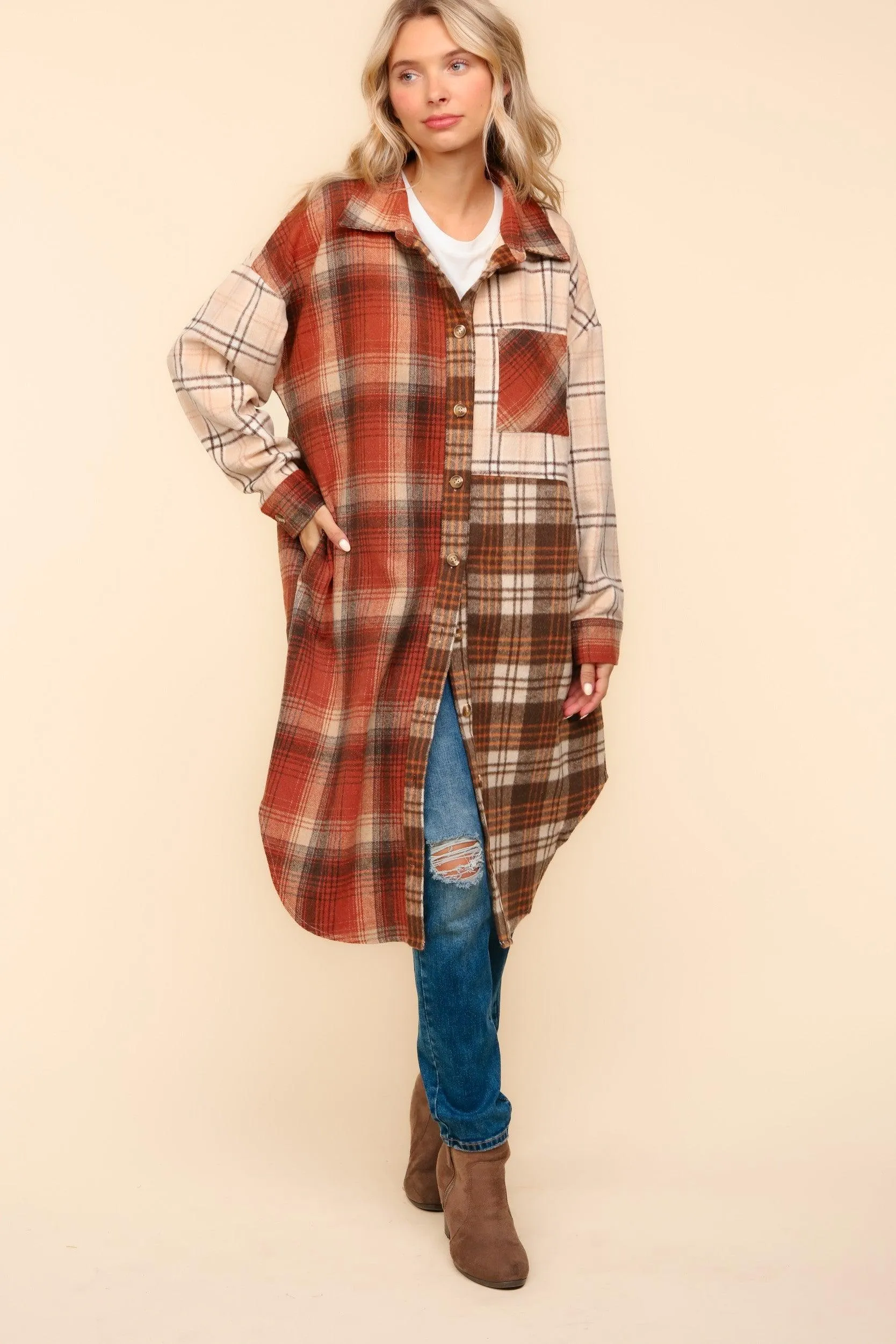 Haptics Flannel Plaid Oversized Shacket with Pockets
