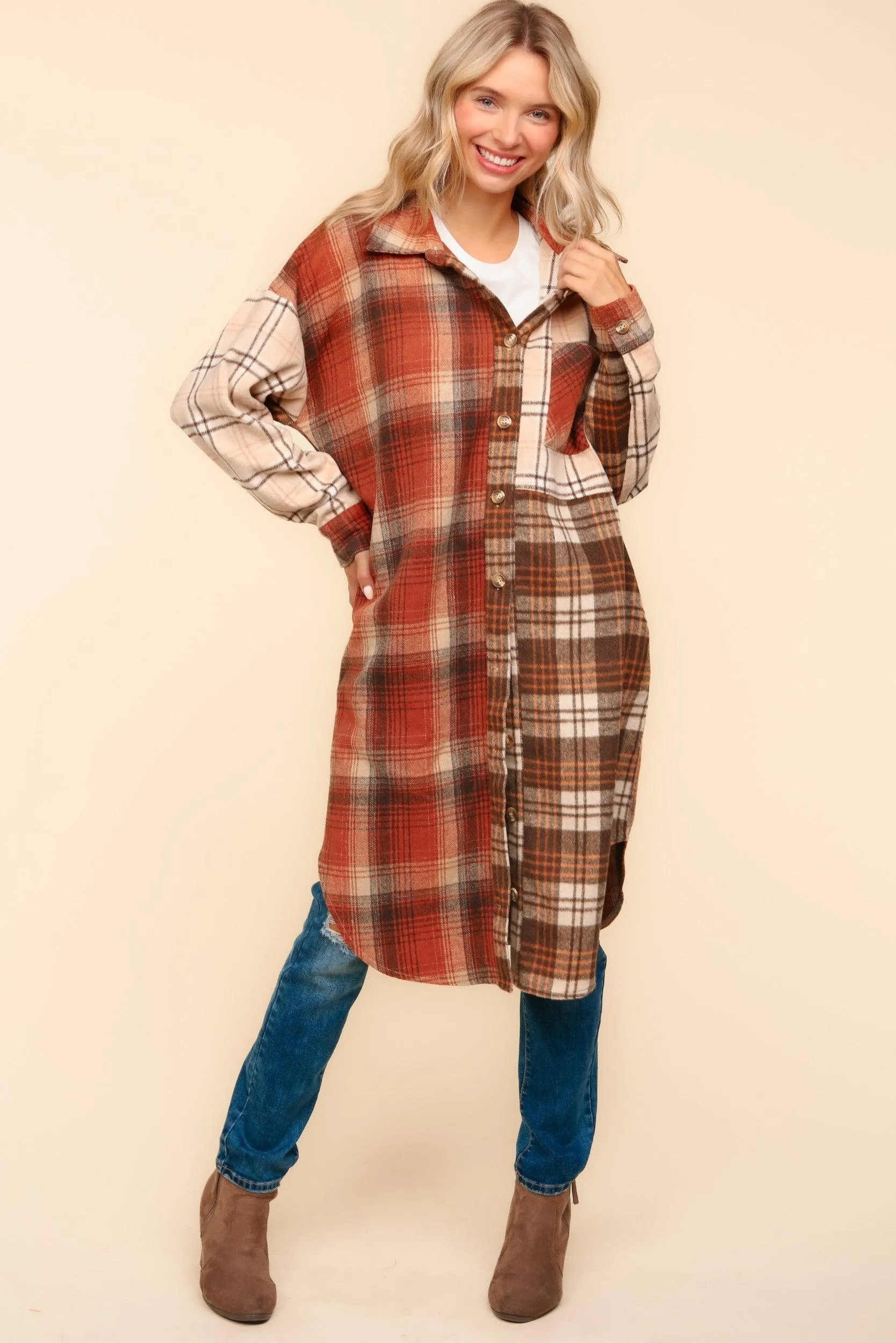 Haptics Flannel Plaid Oversized Shacket with Pockets