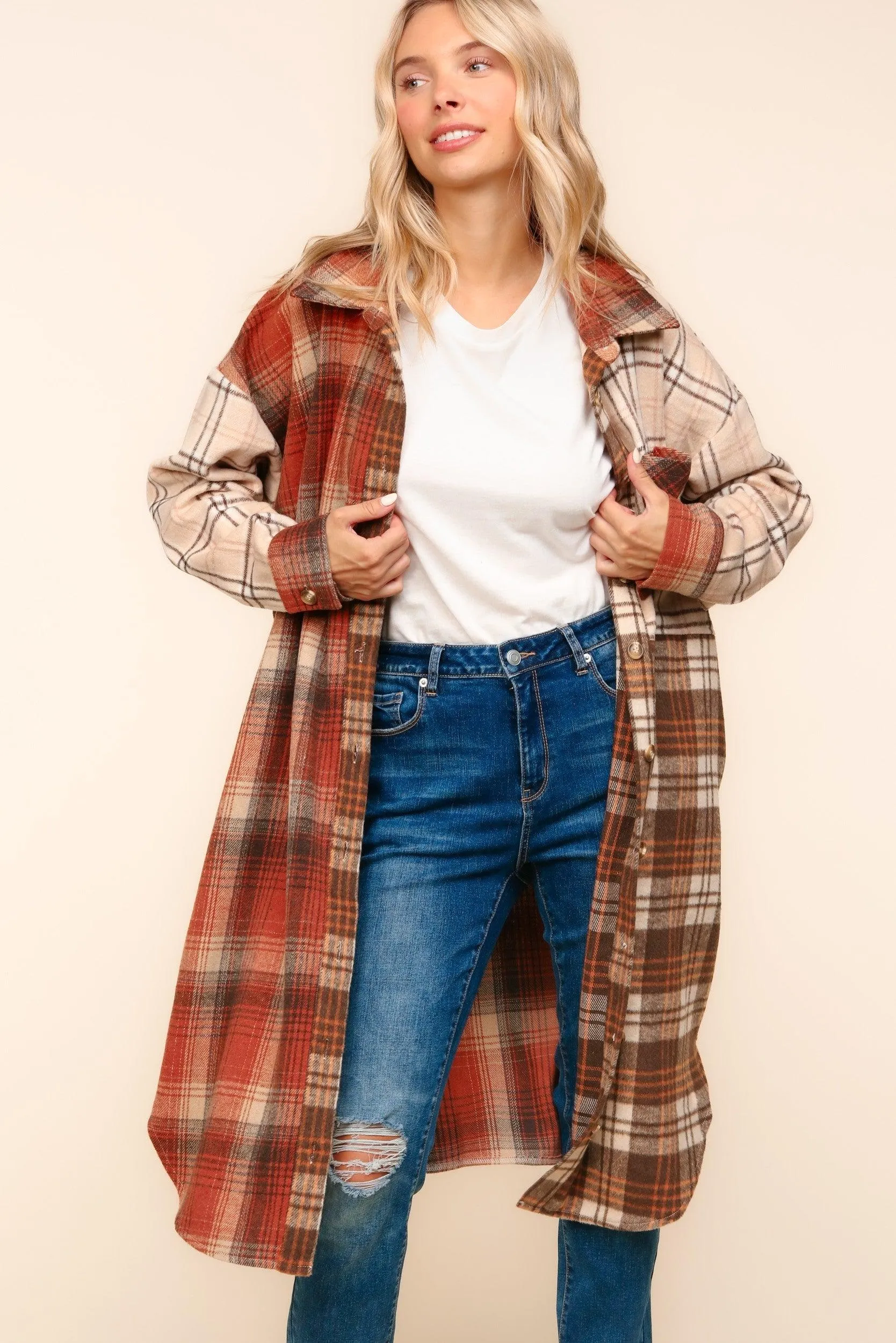 Haptics Flannel Plaid Oversized Shacket with Pockets