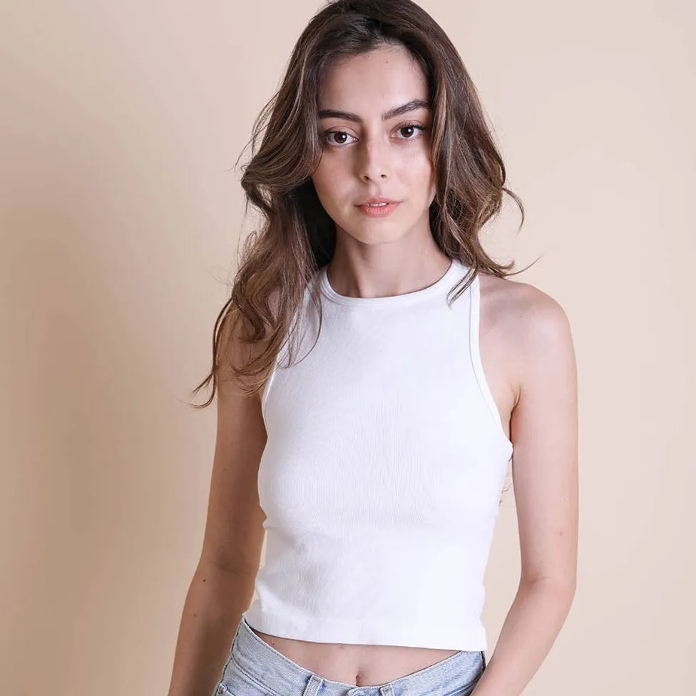 high neck ribbed crop - white