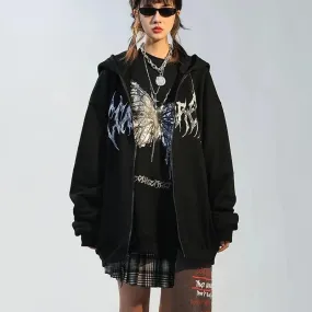 Hooded Zipper Letter Butterfly Print Fleece Cardigan Sweatshirt - Black