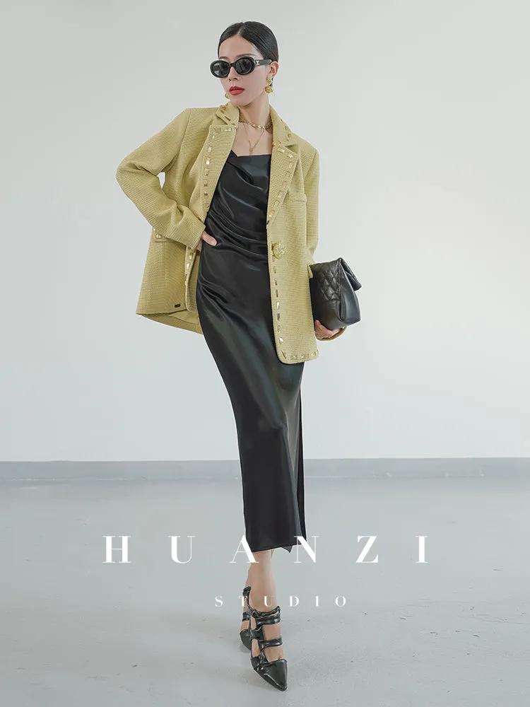 Huanzi new handmade micro-wide suit jacket with back slit straight-leg micro-launched trousers suit set- Emera