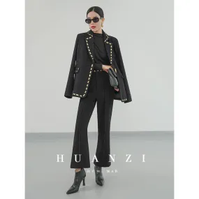 Huanzi new handmade micro-wide suit jacket with back slit straight-leg micro-launched trousers suit set- Emera