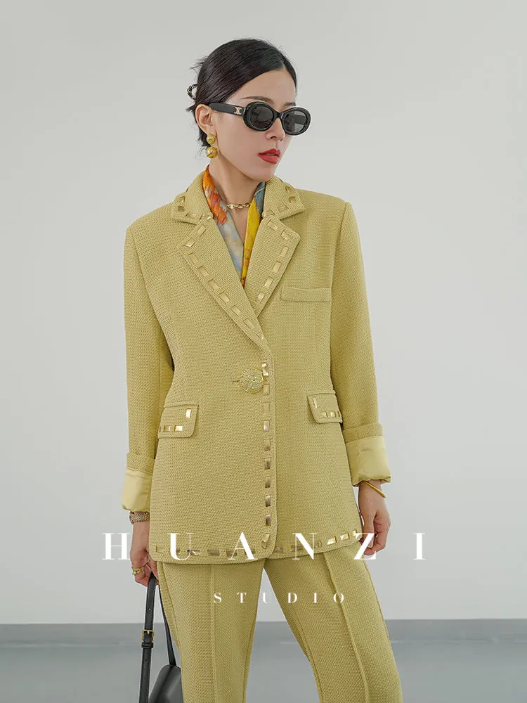 Huanzi new handmade micro-wide suit jacket with back slit straight-leg micro-launched trousers suit set- Emera