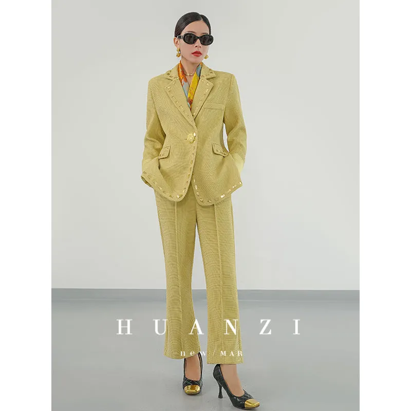 Huanzi new handmade micro-wide suit jacket with back slit straight-leg micro-launched trousers suit set- Emera