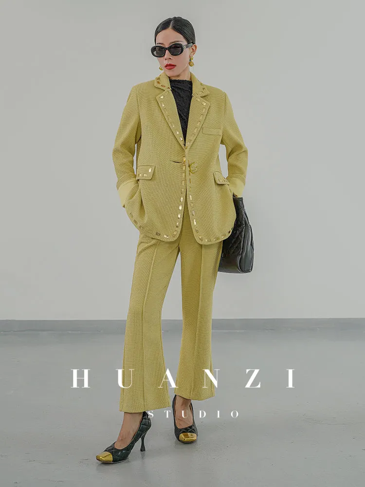 Huanzi new handmade micro-wide suit jacket with back slit straight-leg micro-launched trousers suit set- Emera