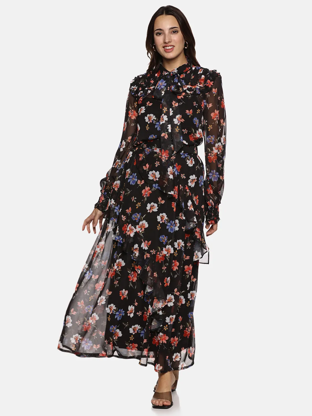 IS.U Floral Black Smocked Sleeve Top
