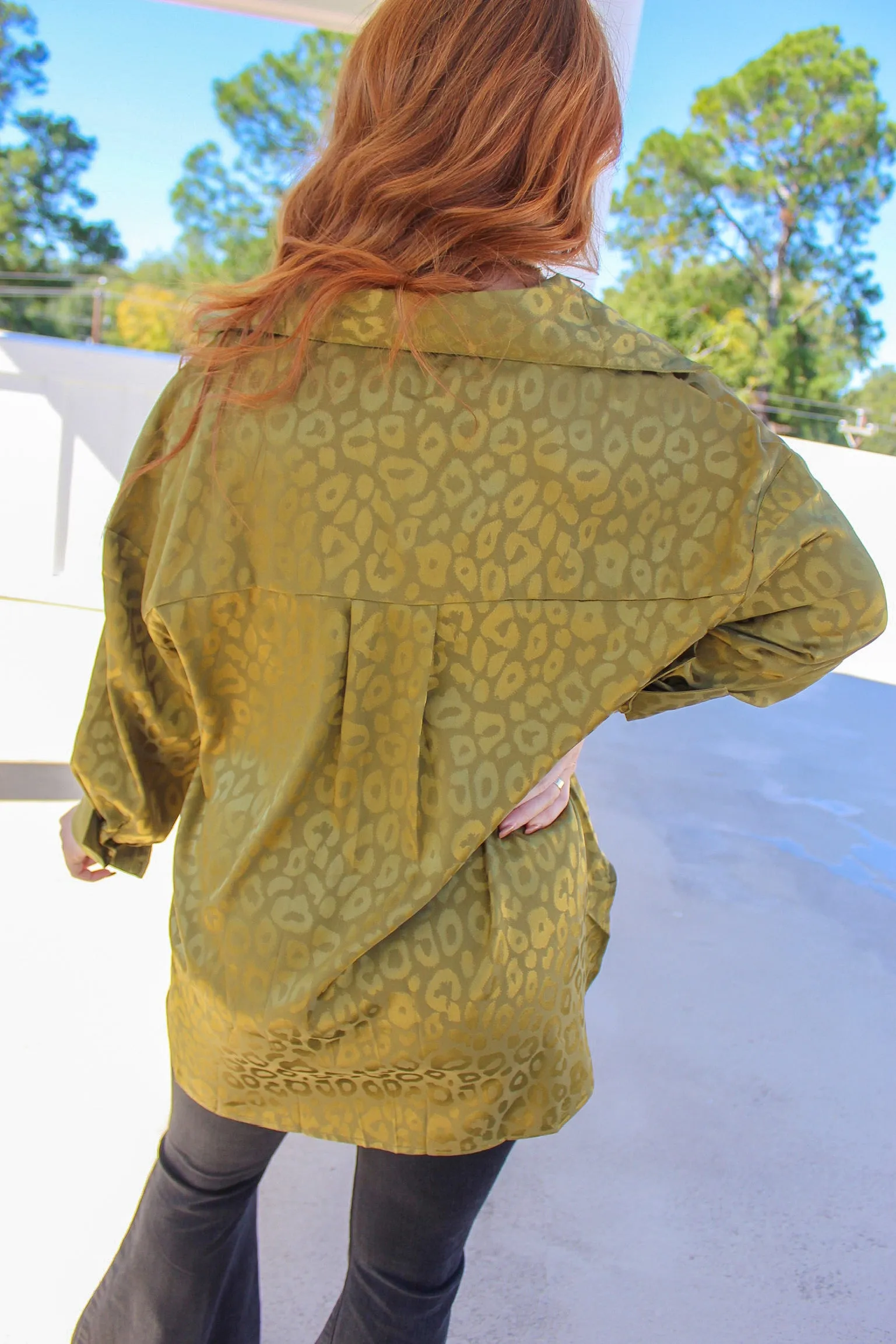 Kathy Satin Animal Print Blouse- Olive