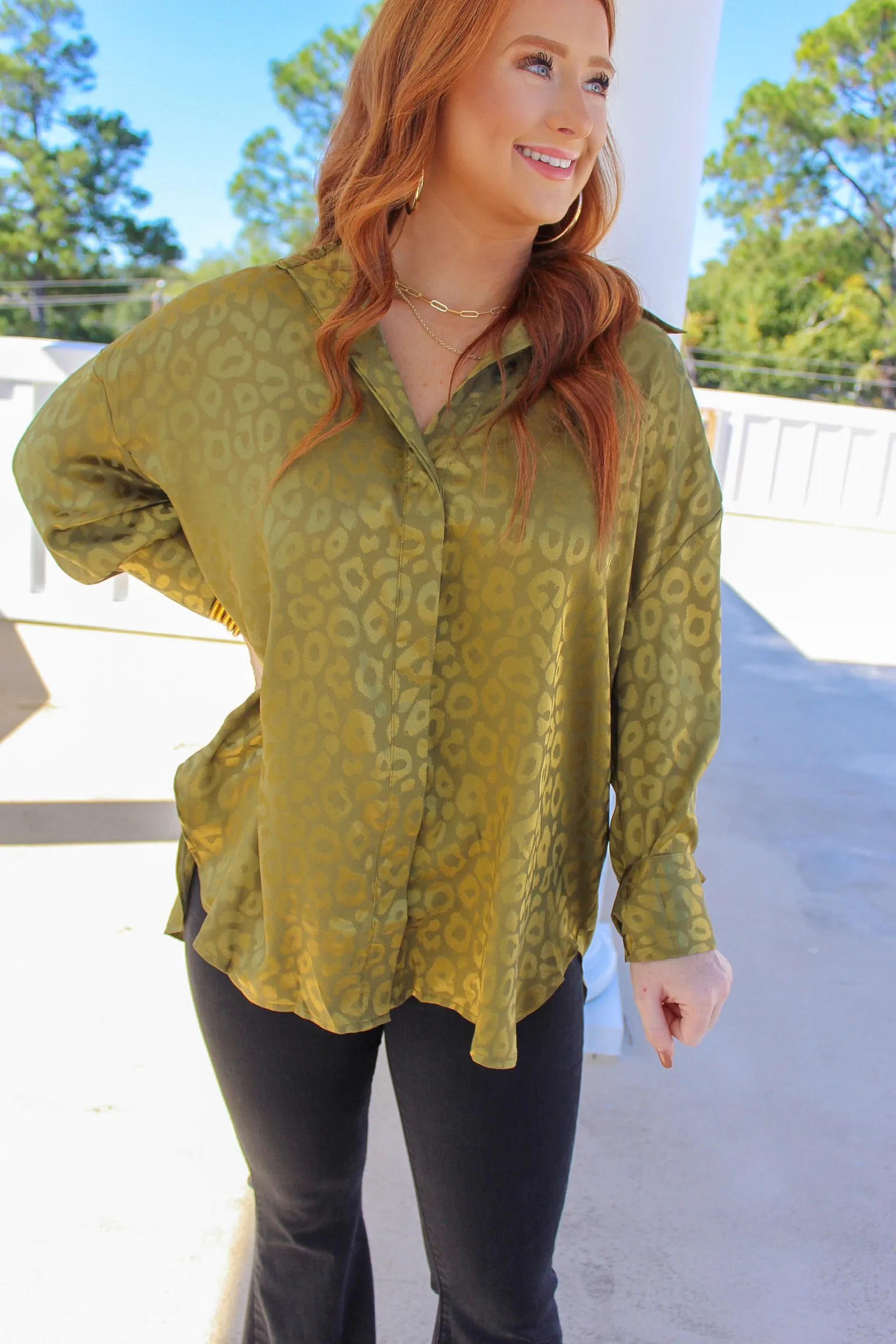 Kathy Satin Animal Print Blouse- Olive