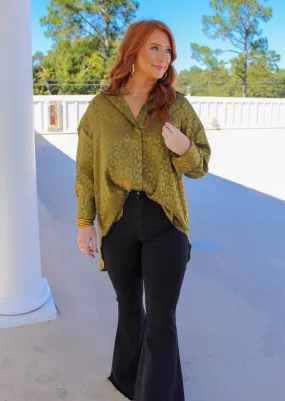 Kathy Satin Animal Print Blouse- Olive