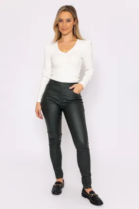 Leather Look Jeans in Khaki