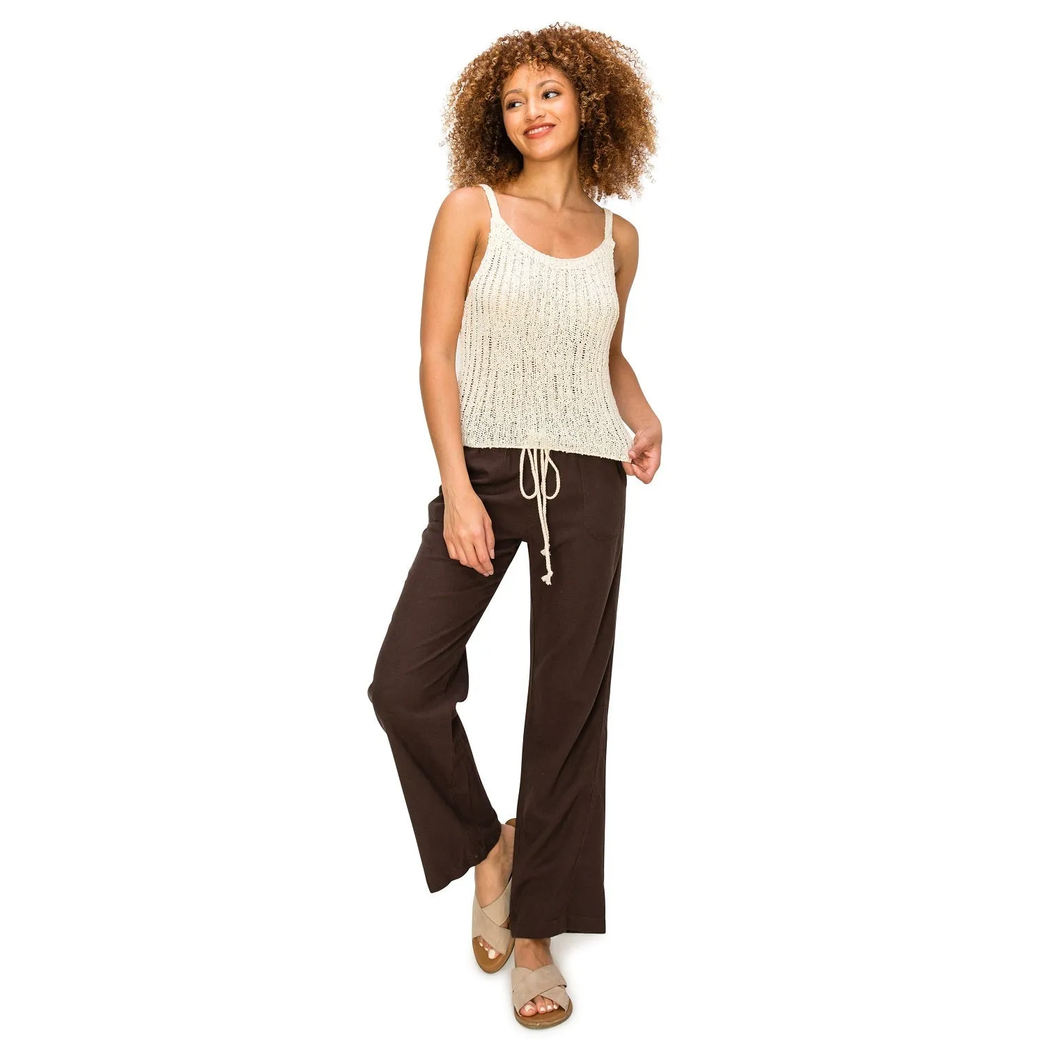Linen Pants 29" Inseam Drawstring Smocked Waist Beach Pants - Brown