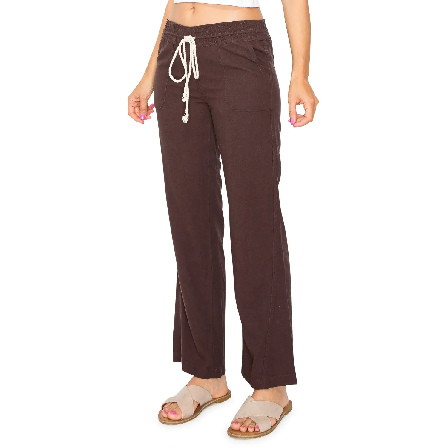 Linen Pants 29" Inseam Drawstring Smocked Waist Beach Pants - Brown