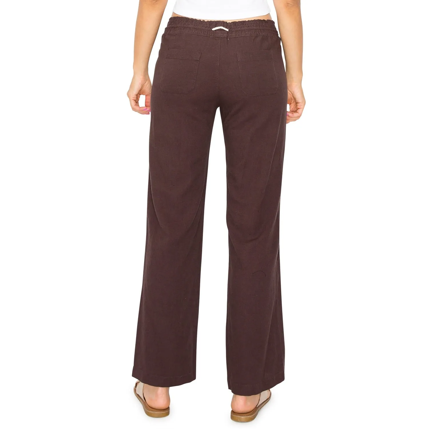 Linen Pants 29" Inseam Drawstring Smocked Waist Beach Pants - Brown