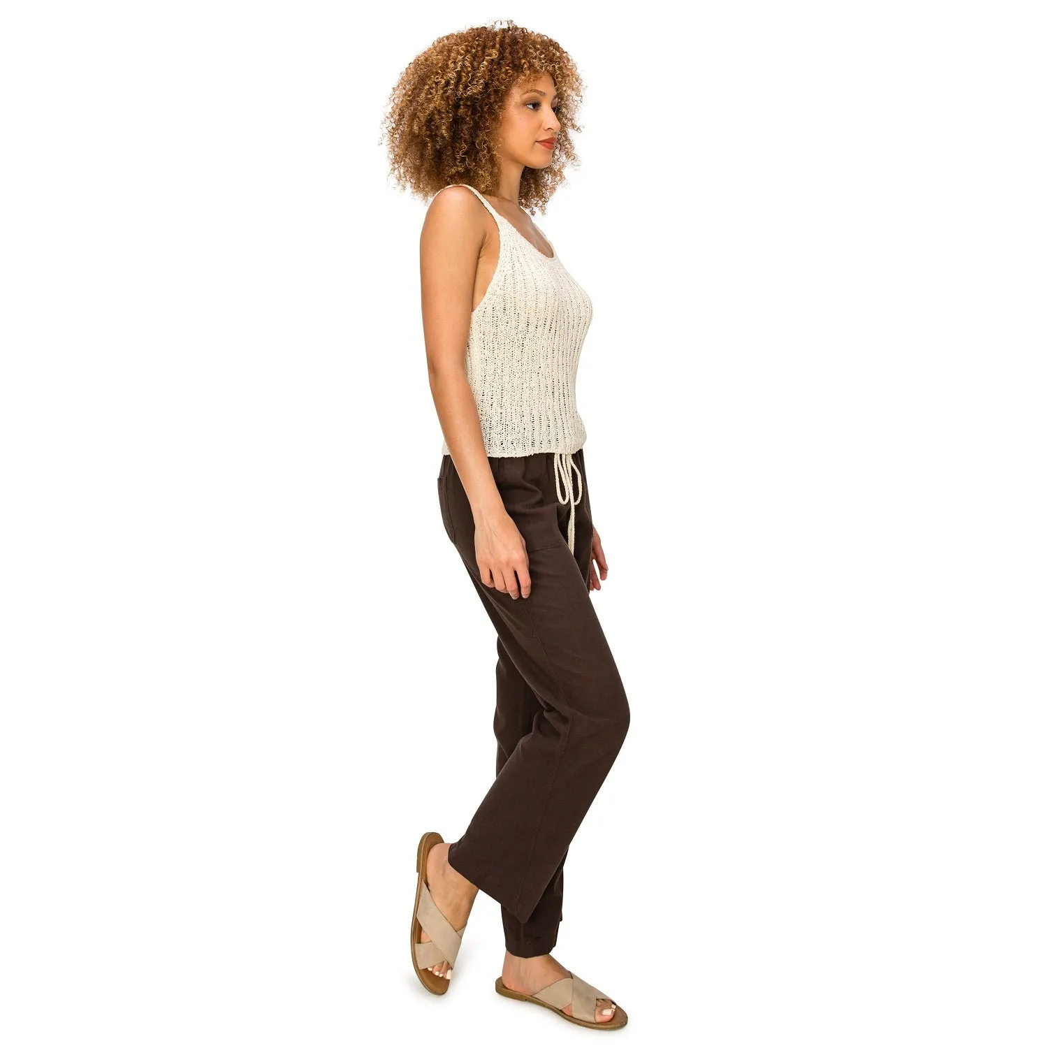 Linen Pants 29" Inseam Drawstring Smocked Waist Beach Pants - Brown