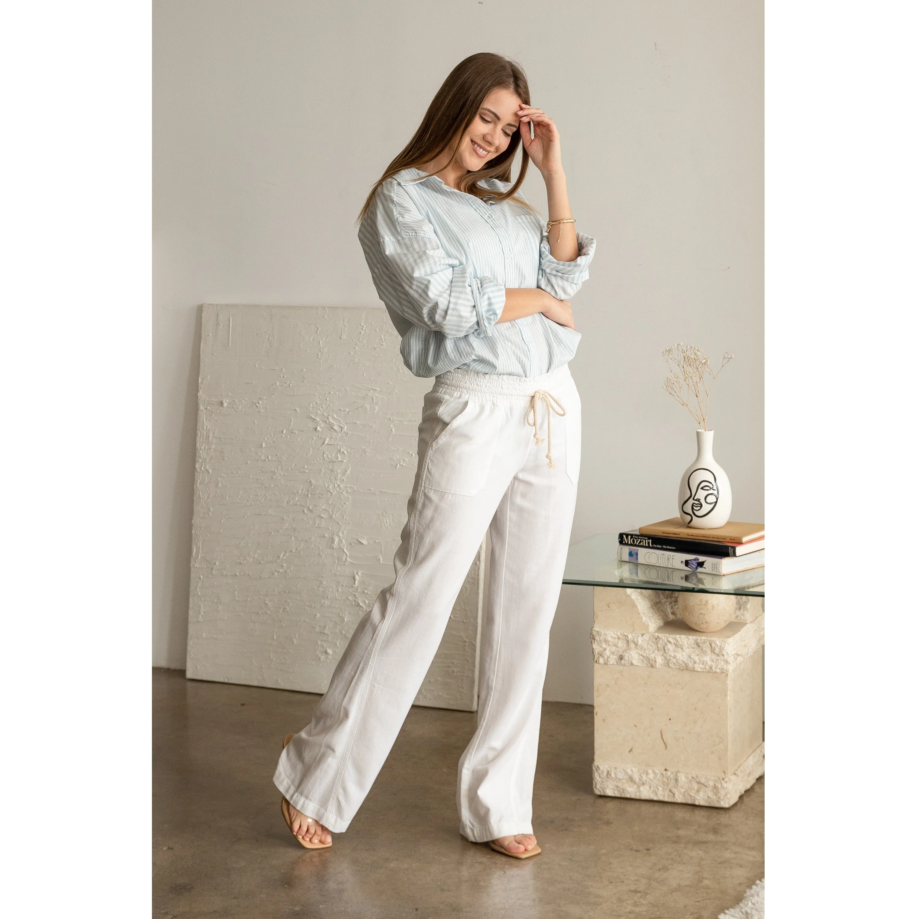 Linen Pants 29" Inseam Drawstring Smocked Waist Beach Pants - White