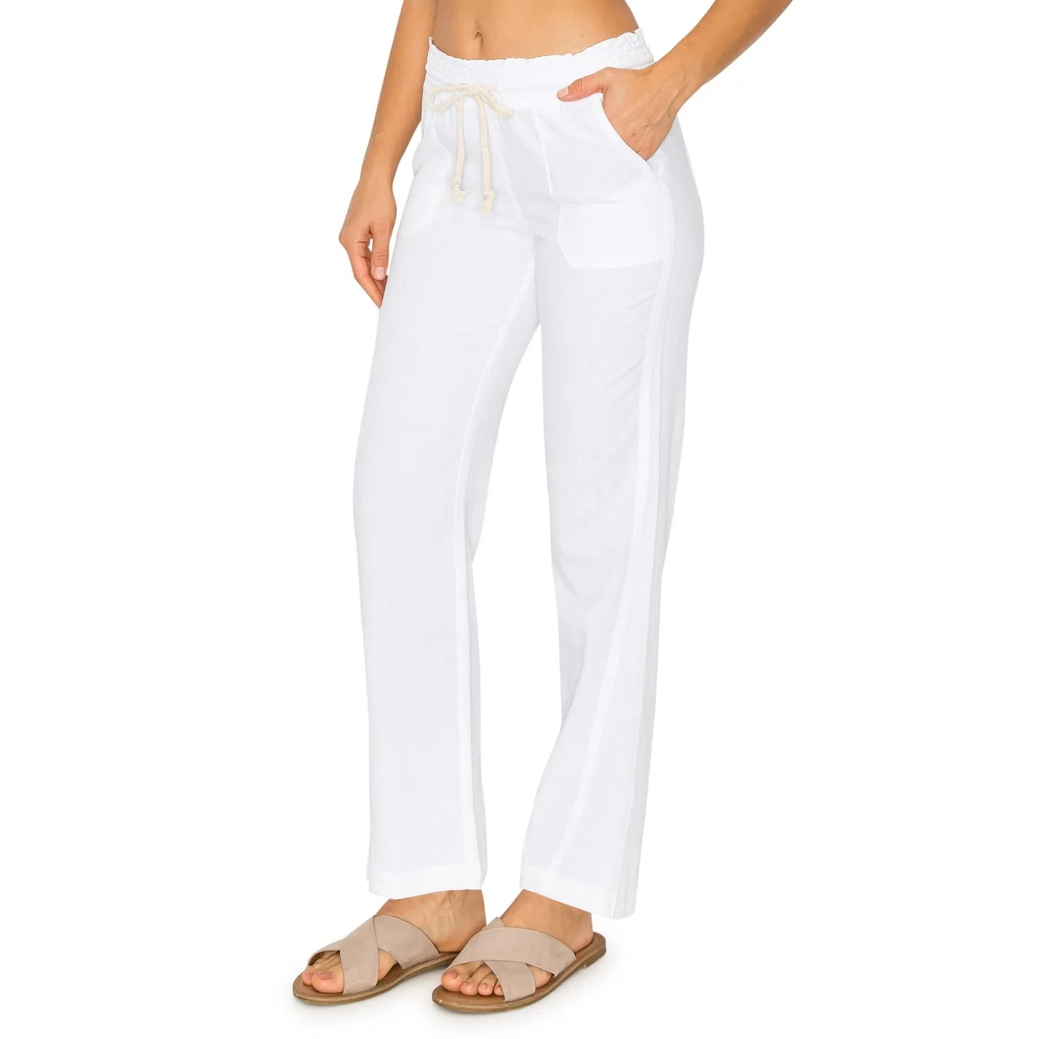 Linen Pants 29" Inseam Drawstring Smocked Waist Beach Pants - White