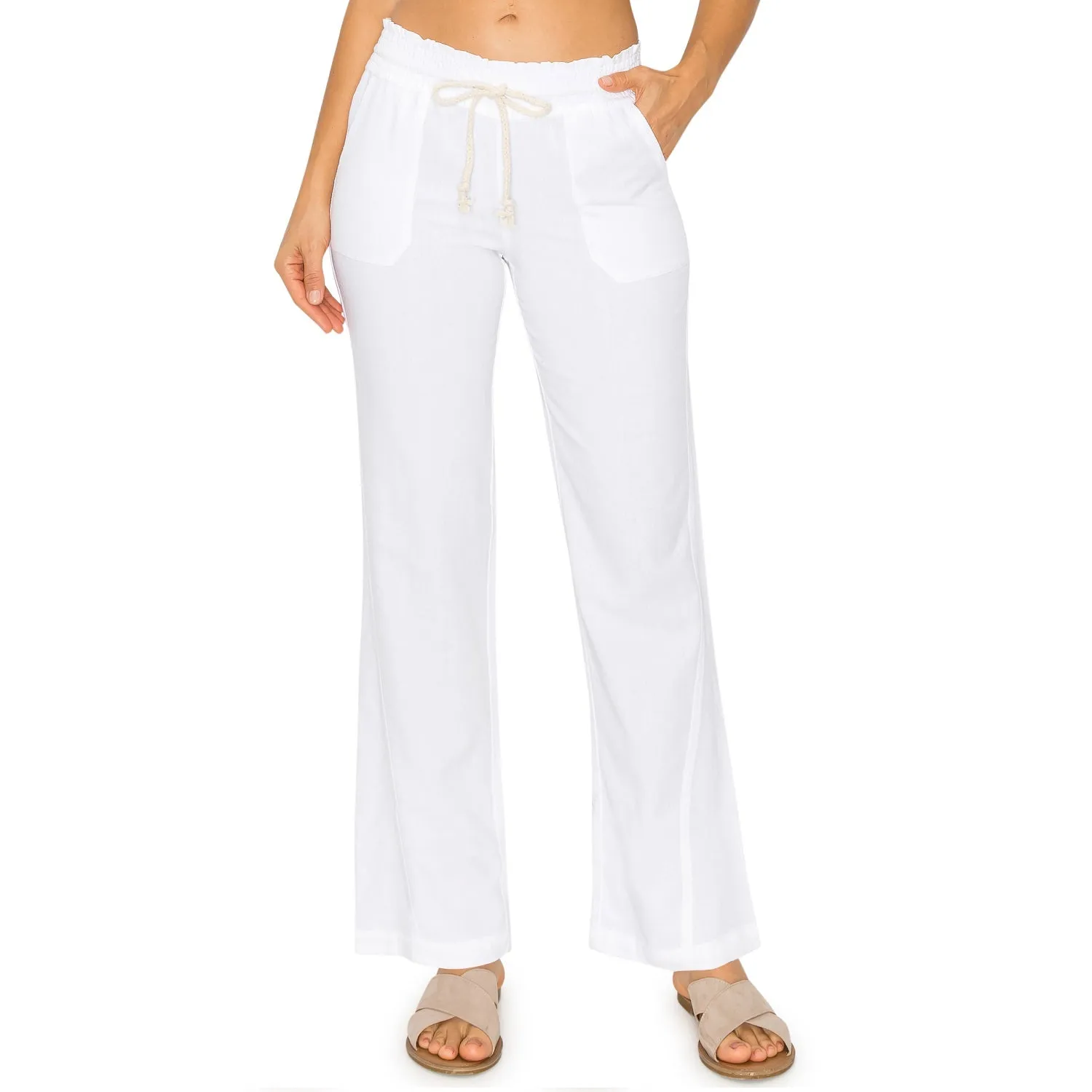 Linen Pants 29" Inseam Drawstring Smocked Waist Beach Pants - White
