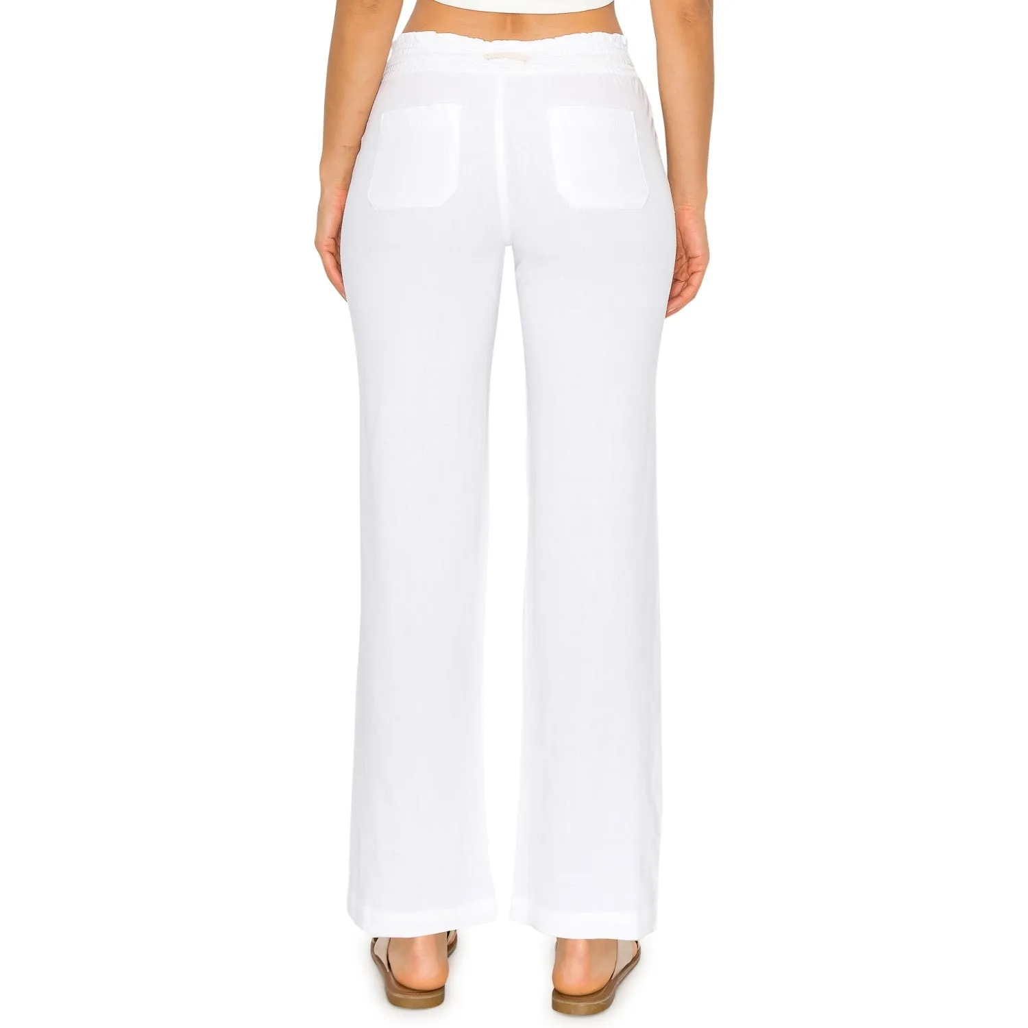Linen Pants 29" Inseam Drawstring Smocked Waist Beach Pants - White