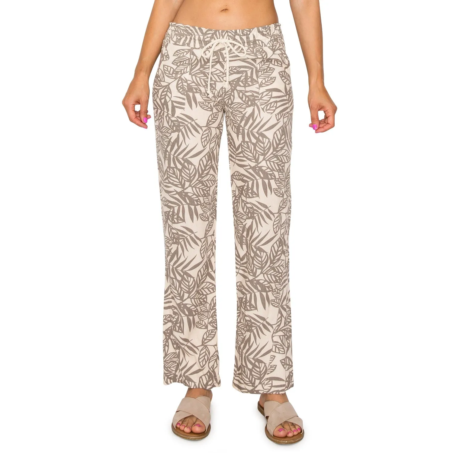 Linen Pants 29" Inseam Drawstring Smocked Waist Printed Beach Pants - Palm