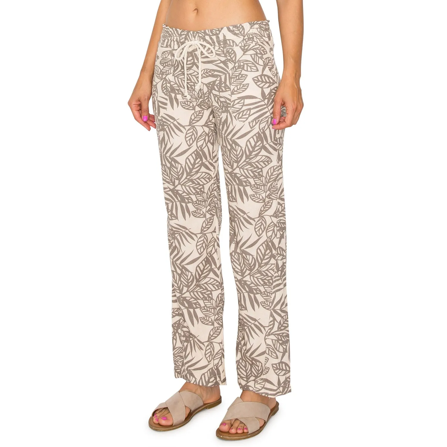 Linen Pants 29" Inseam Drawstring Smocked Waist Printed Beach Pants - Palm