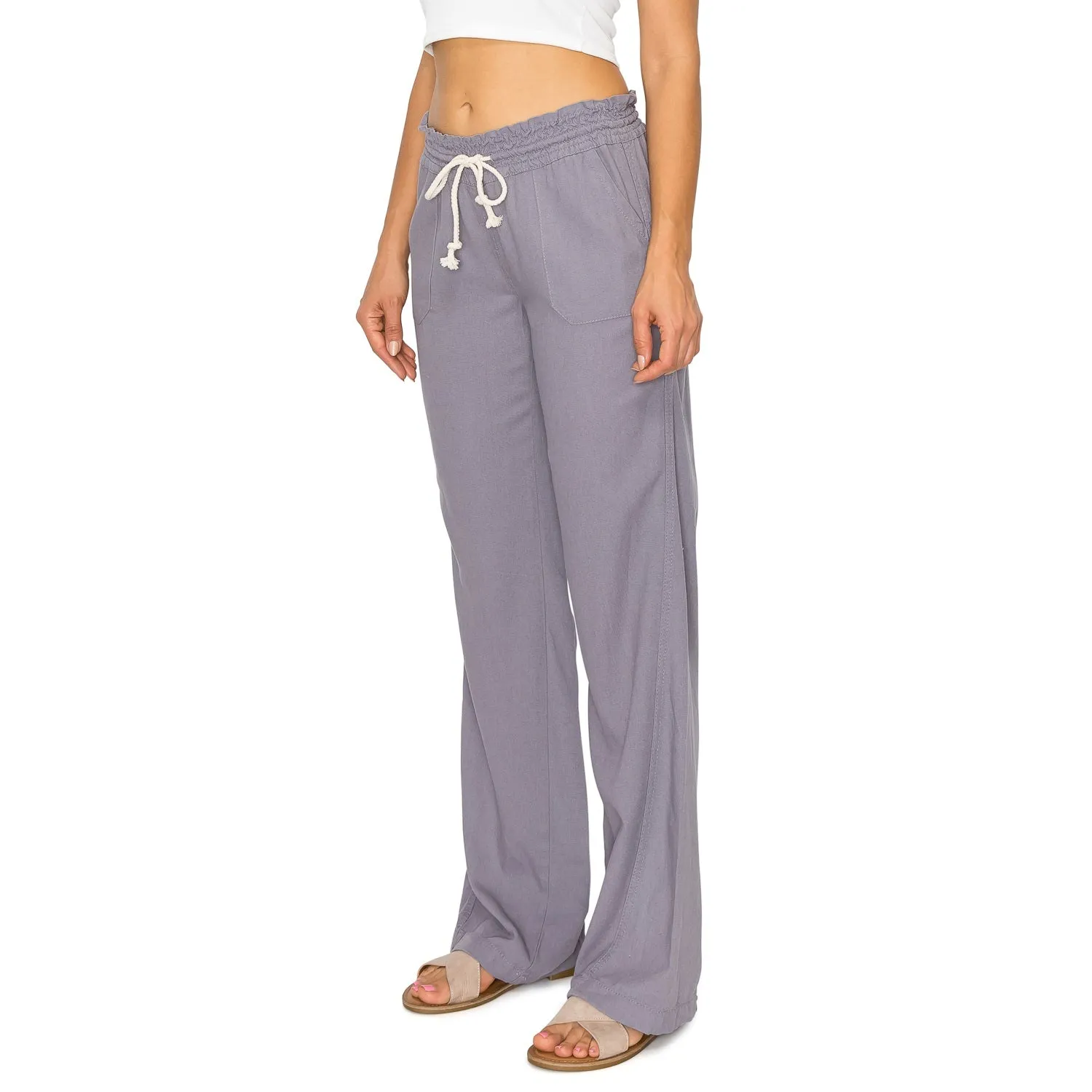 Linen Pants 32" Inseam Drawstring Smocked Waist Beach Pants - Dusty Lavender