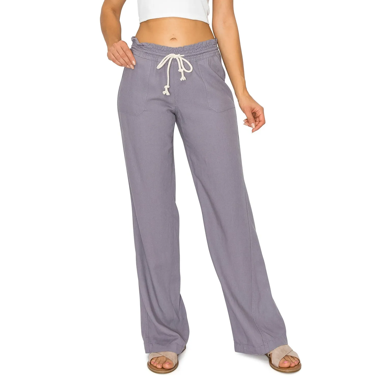 Linen Pants 32" Inseam Drawstring Smocked Waist Beach Pants - Dusty Lavender