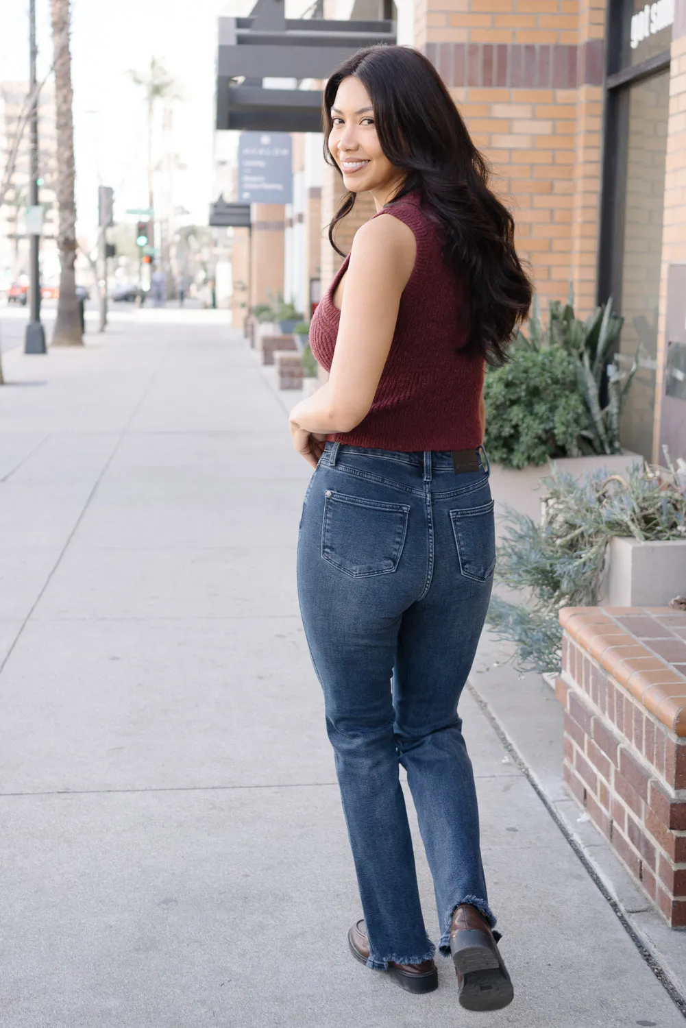 Lisa High Rise Button Fly Hem Distressed Straight Jeans