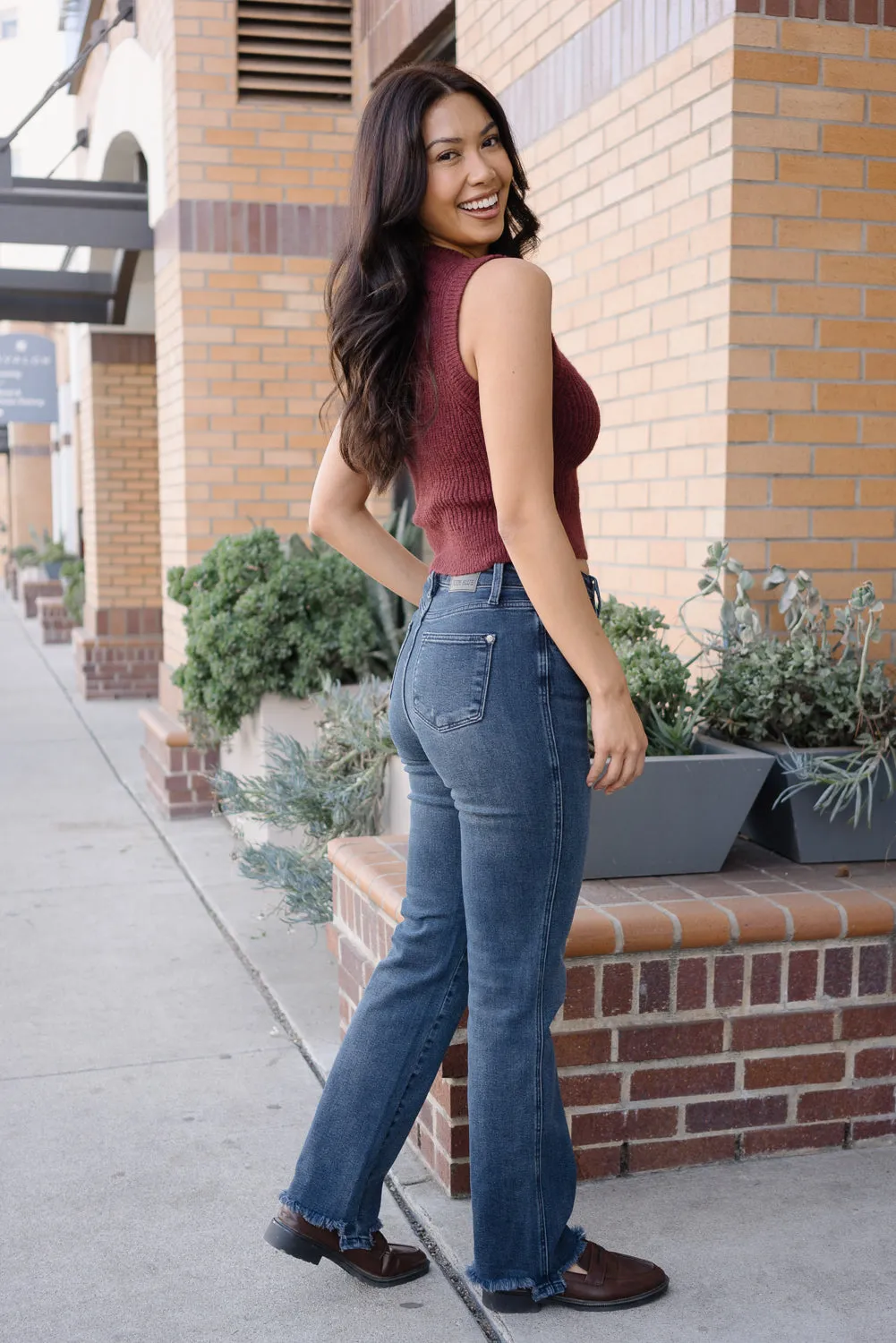 Lisa High Rise Button Fly Hem Distressed Straight Jeans