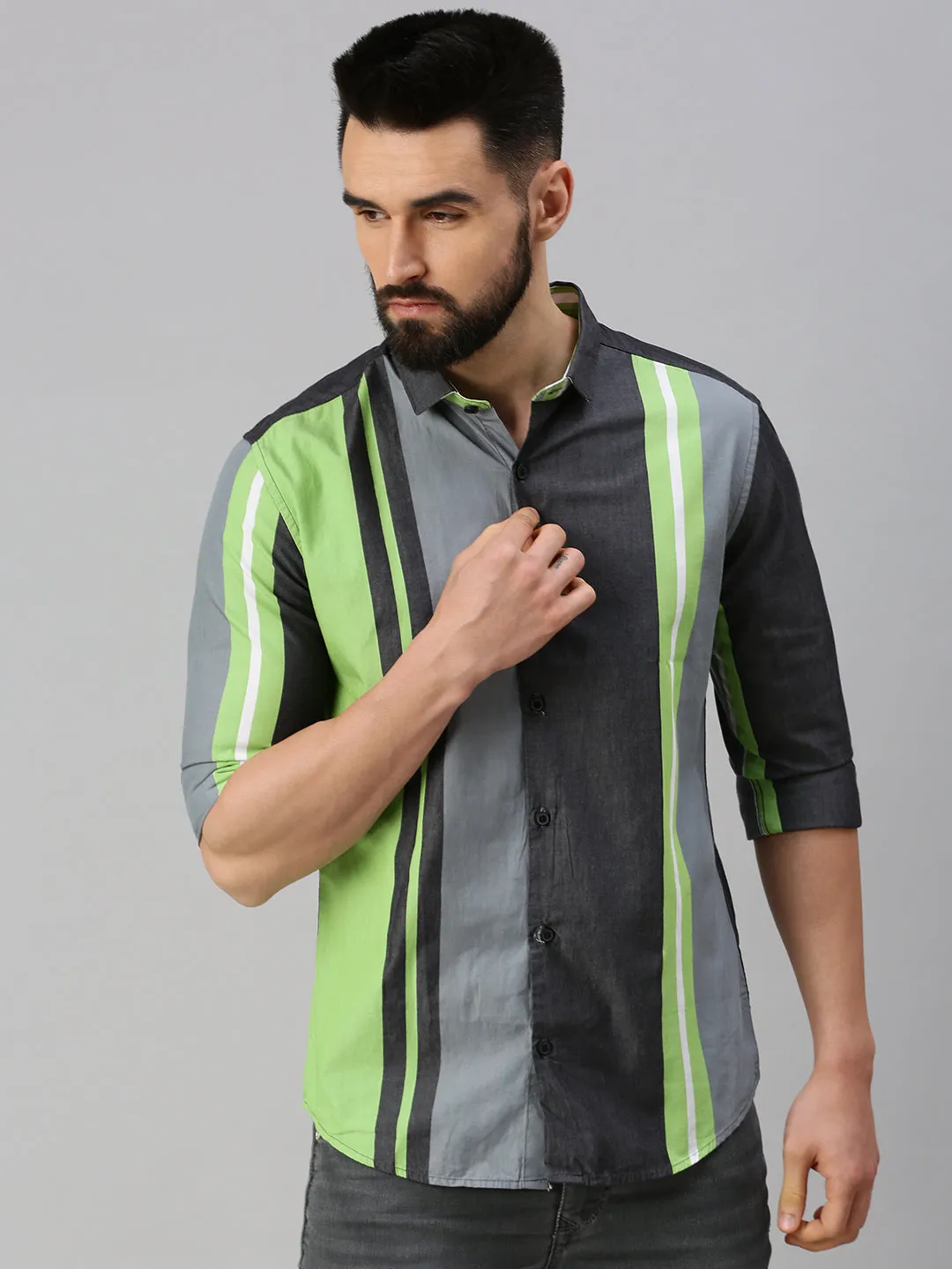 Men Grey Striped Casual Shirt