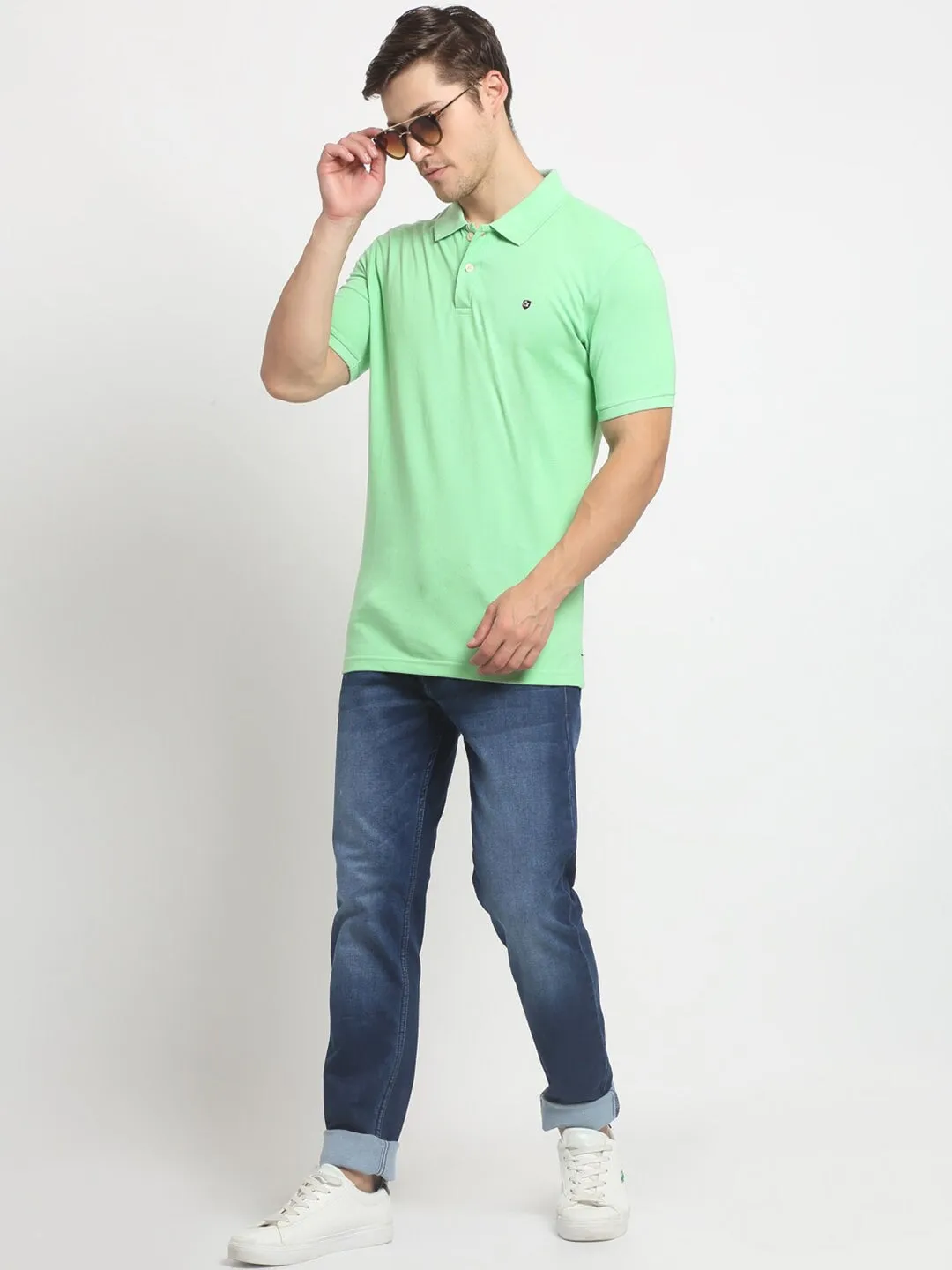Men Light Green Casual Polo Neck T-Shirt