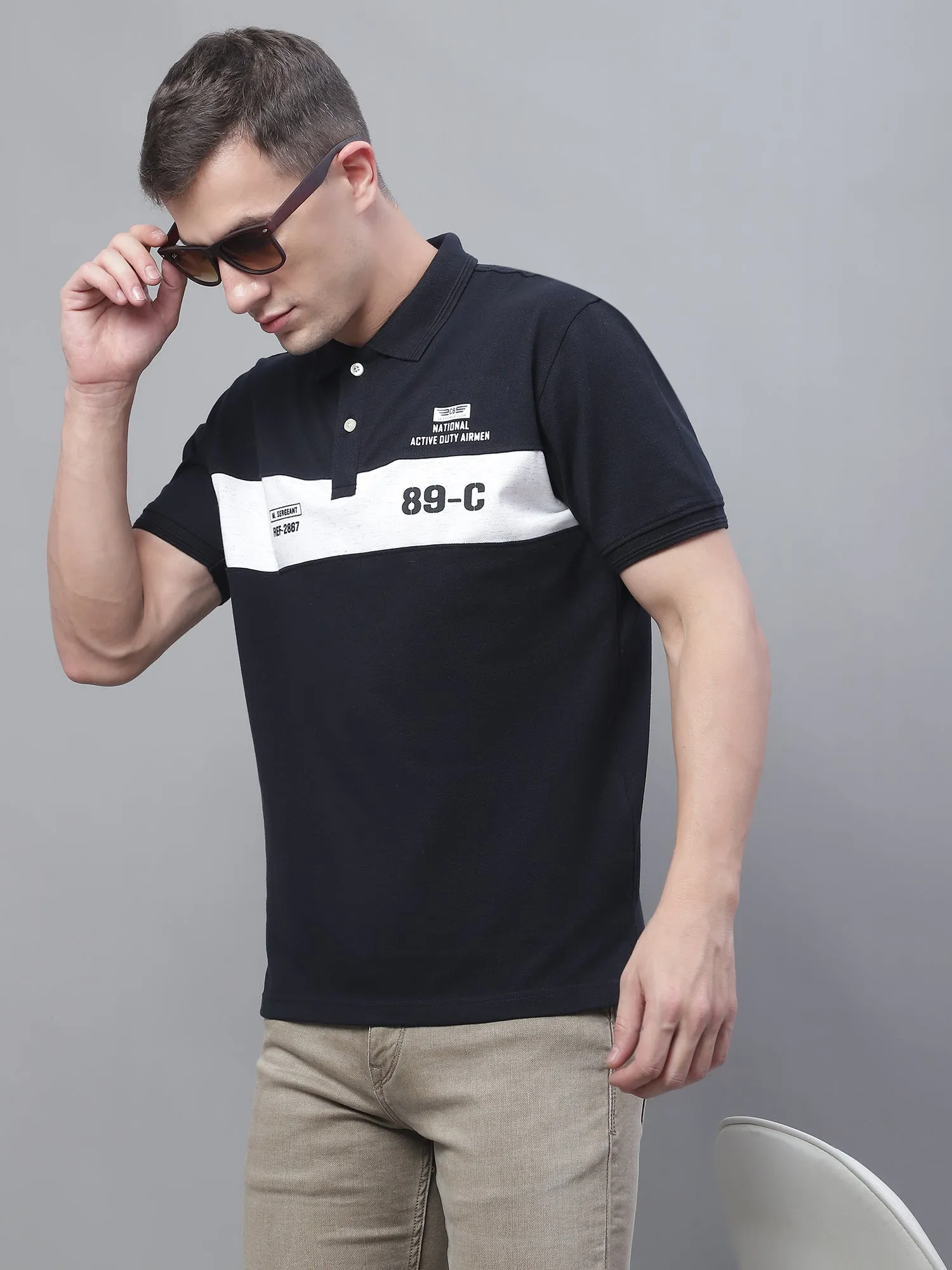 Men Navy Blue Polo Neck T-Shirt