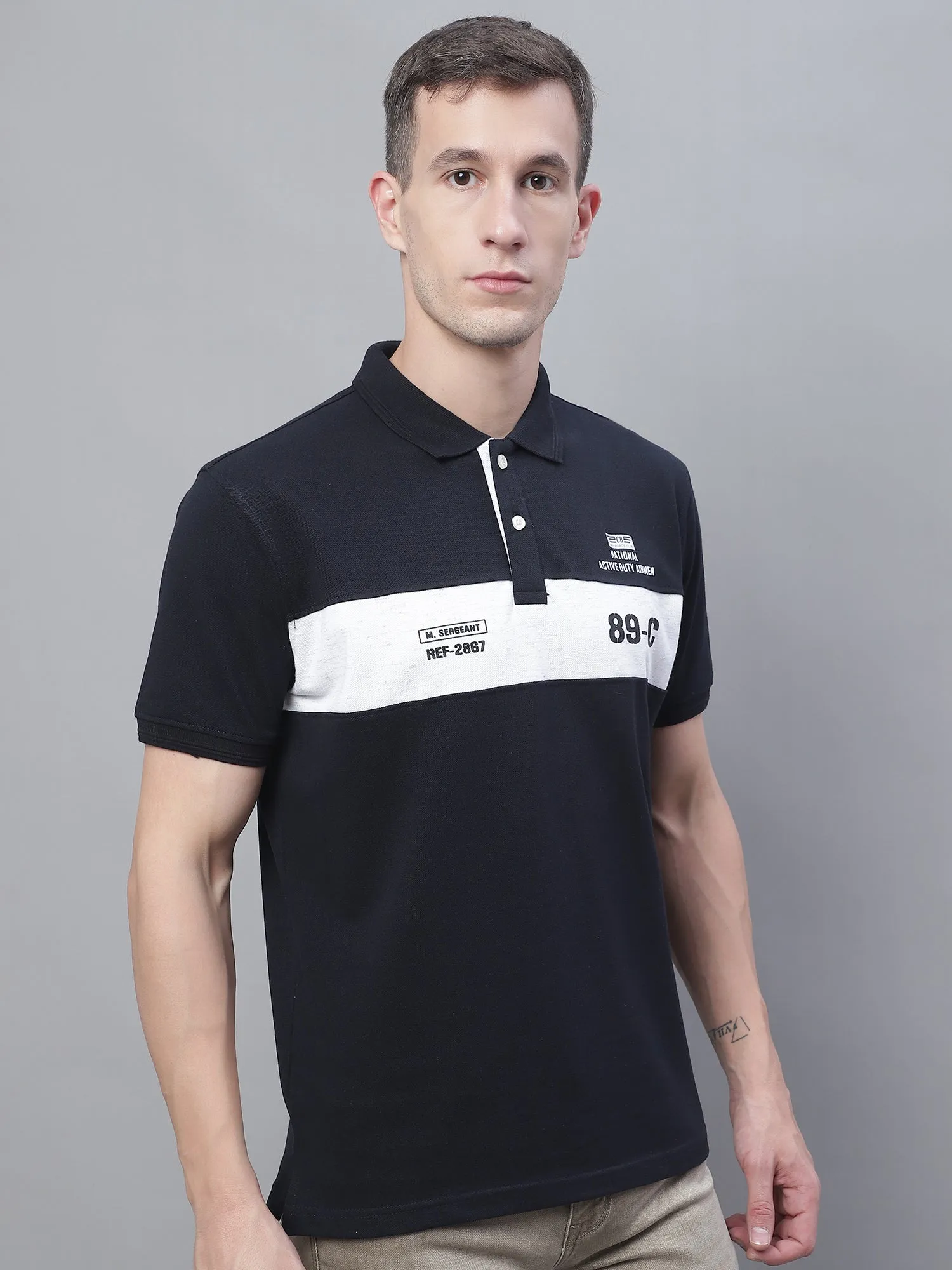 Men Navy Blue Polo Neck T-Shirt