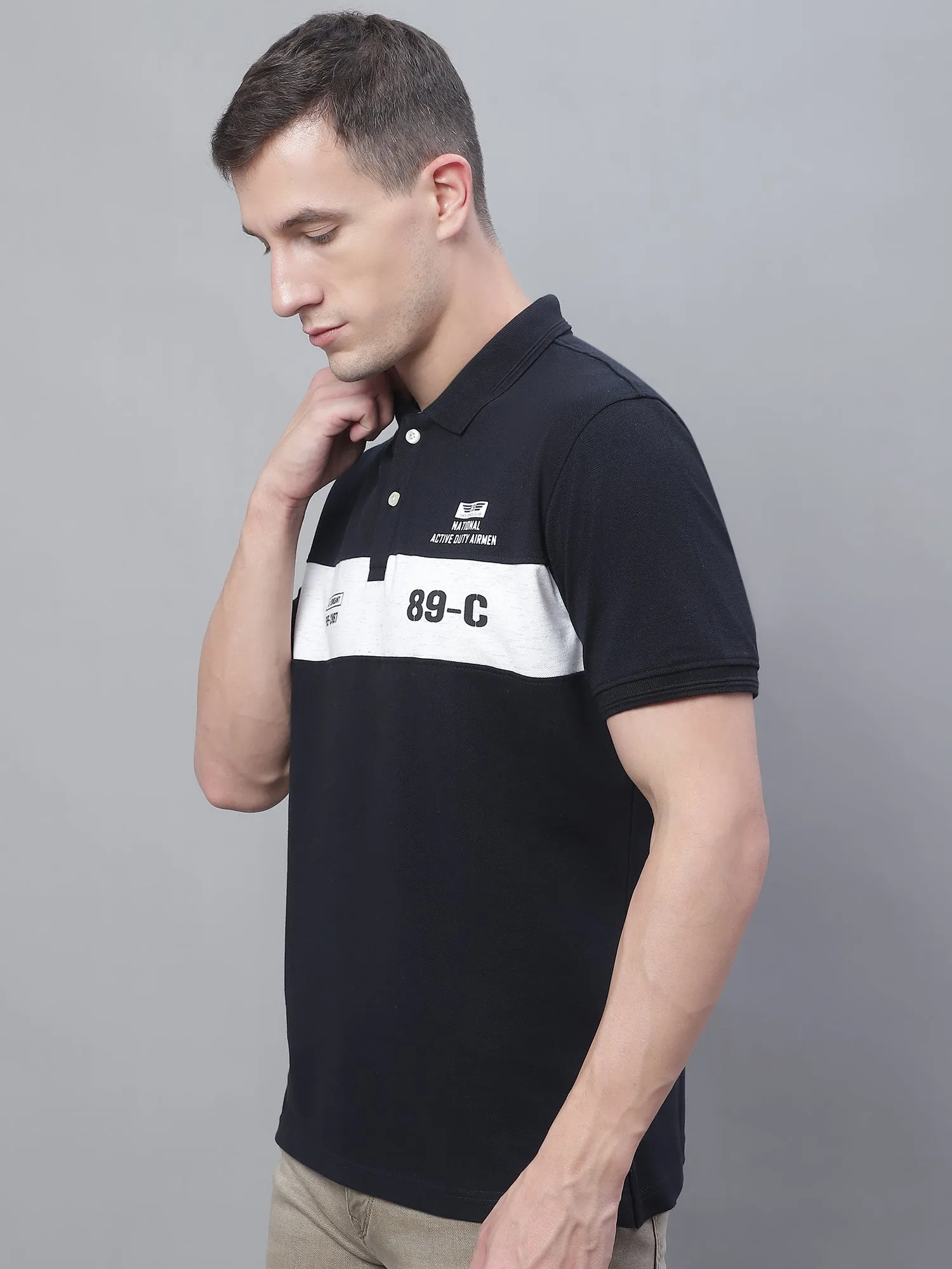 Men Navy Blue Polo Neck T-Shirt