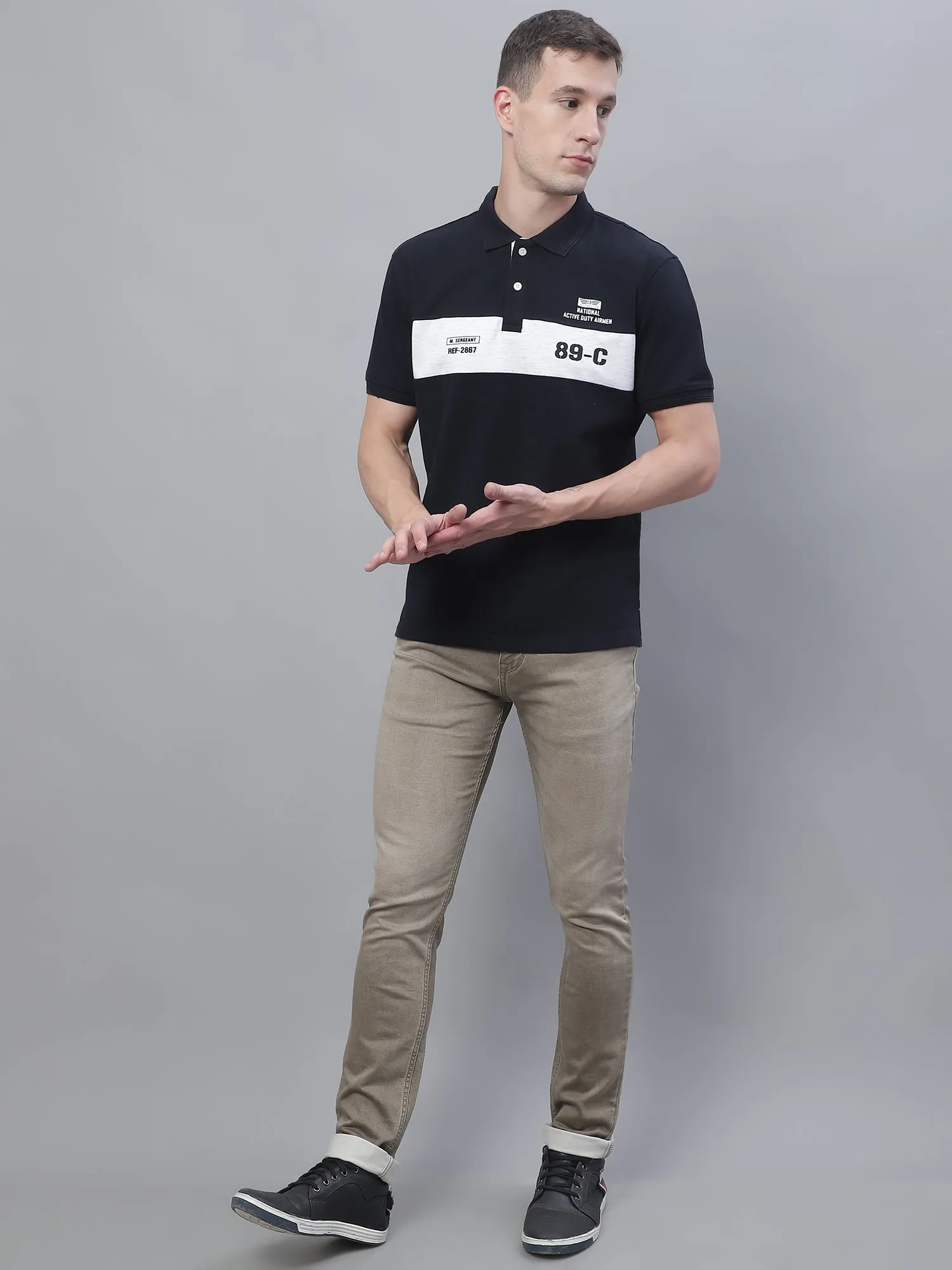Men Navy Blue Polo Neck T-Shirt